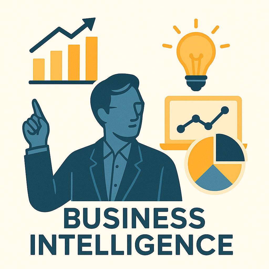 Illustration of a man in a business suit with various business icons around him, including a rising graph, a lightbulb, a pie chart, and a line graph on a laptop screen, with the text 'Business Intelligence' at the bottom.