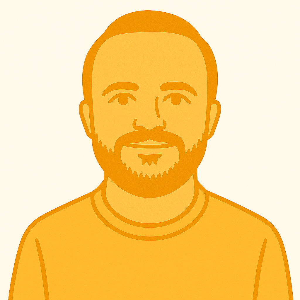 Digital illustration of a man with a beard and short hair, wearing an orange shirt, smiling with a neutral expression.