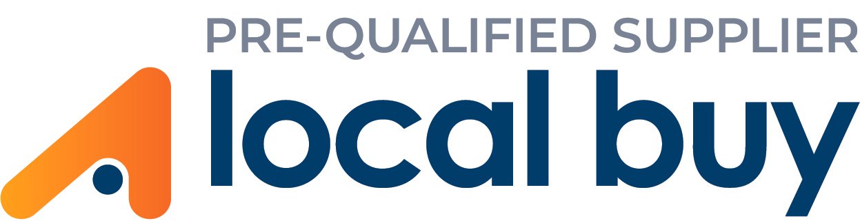 Logo for pre-qualified supplier, local buy, with stylized orange and red 'A' and text in gray and dark blue