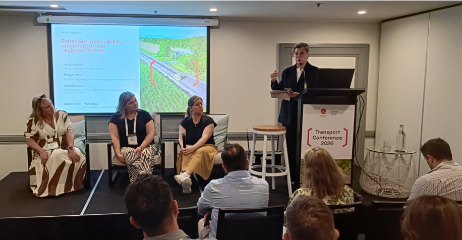 Mary Haverland presenting at the National 2026 Transport Australia Conference in Cairns, discussing the transport needs of regional communities.