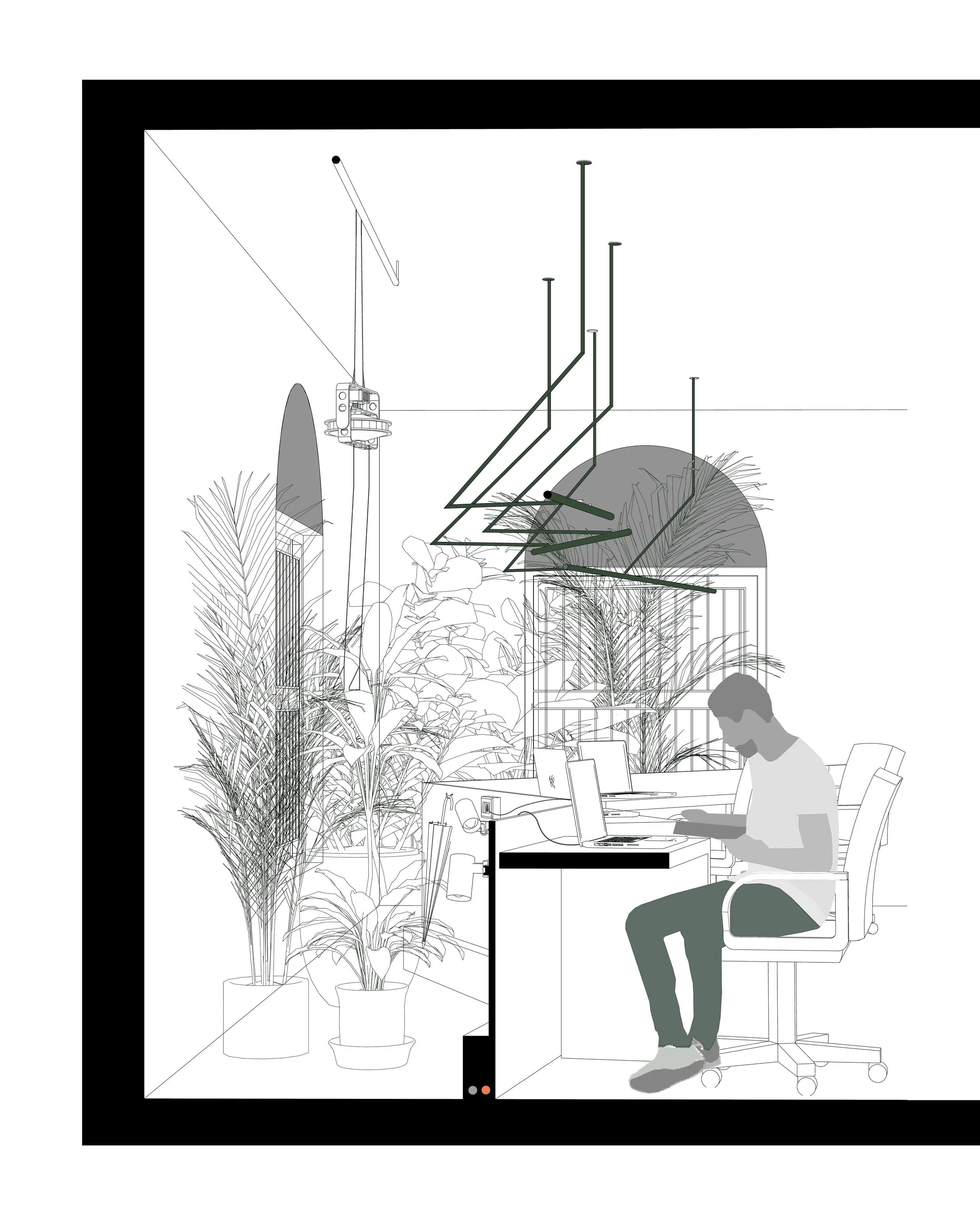 Workstation perspective at Second Home by Workers of Art illustrating biophilic office design, indoor planting, and custom lighting in Kochi, India.
