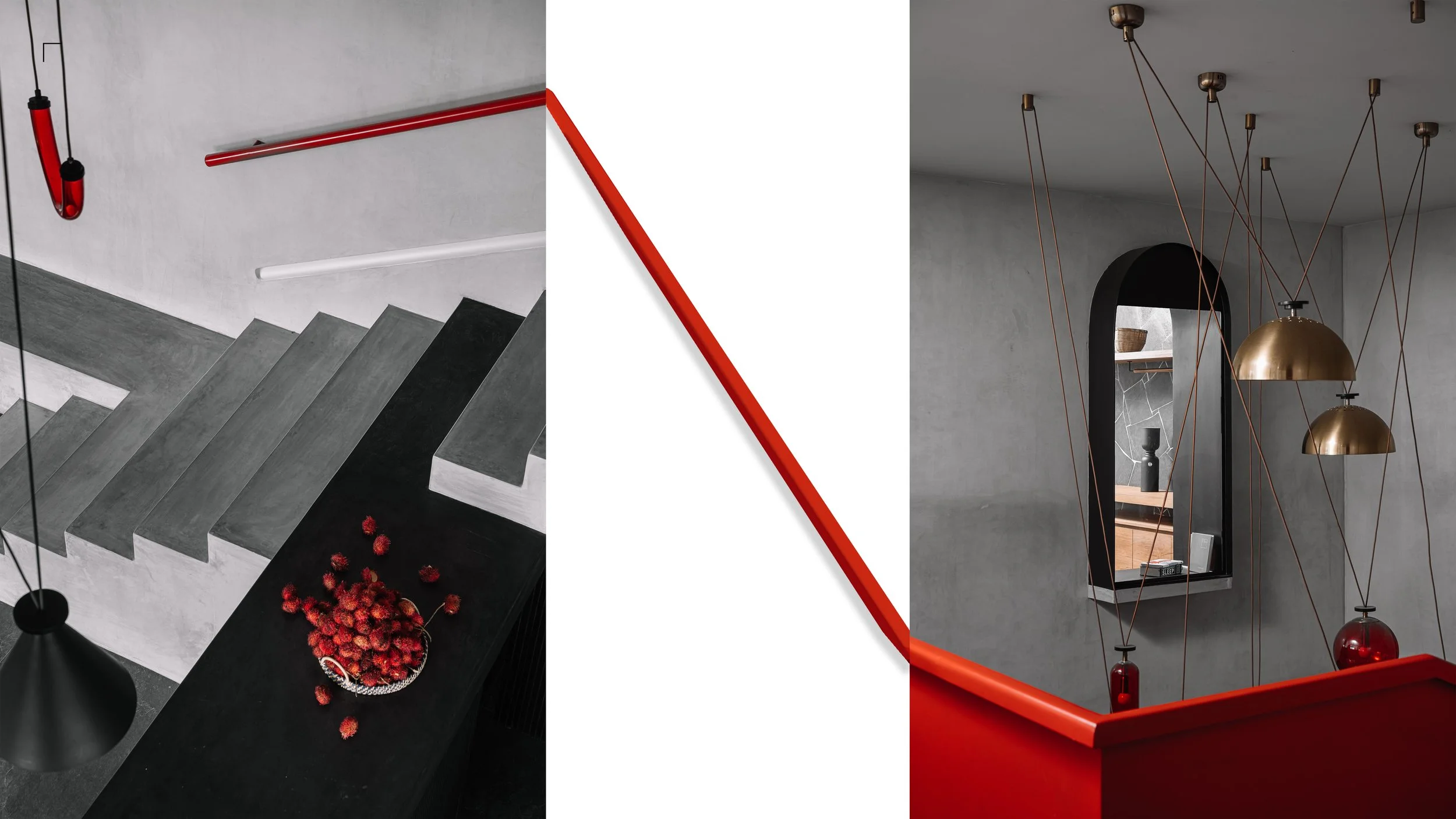 Minimalist staircase with sculptural lighting, monochrome finishes, and bold red accents at Gardens in the Sky, a Calicut residence designed by Workers of Art.