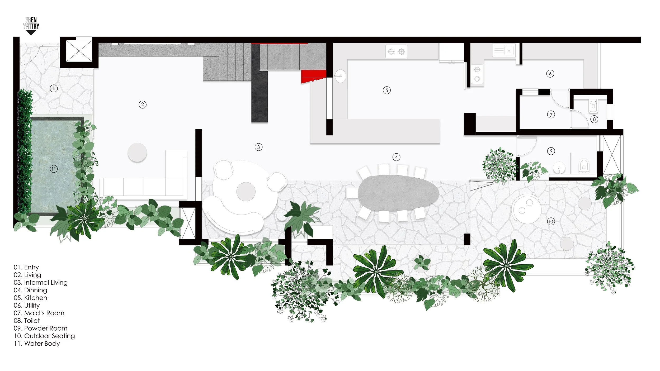 Ground-floor plan showing living, dining, kitchen, outdoor seating, and a landscaped water body at Gardens in the Sky, a Calicut residence designed by Workers of Art.