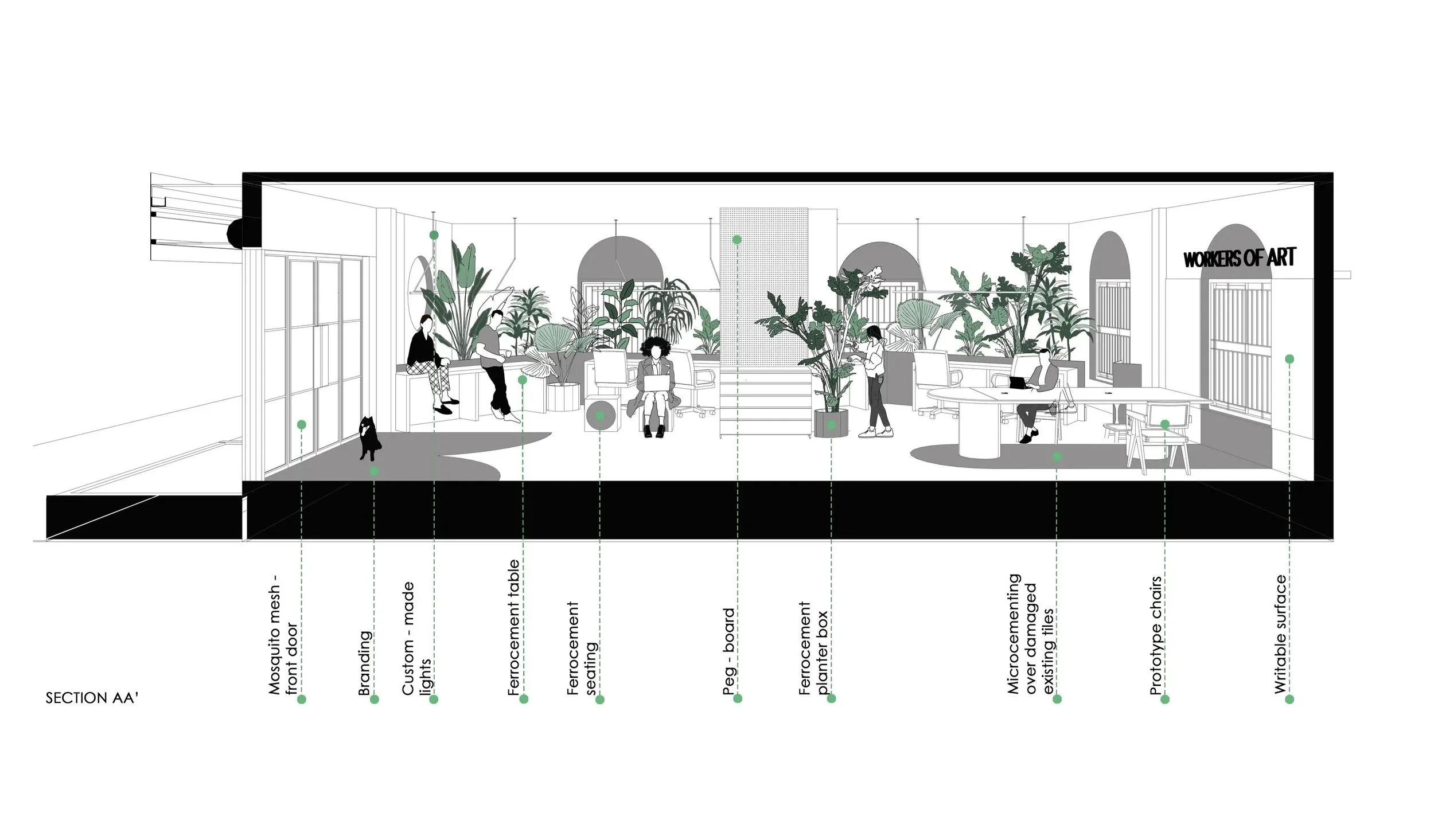 Section drawing of Second Home by Workers of Art illustrating the office layout, biophilic interiors, and contemporary workspace design in Kochi, India.