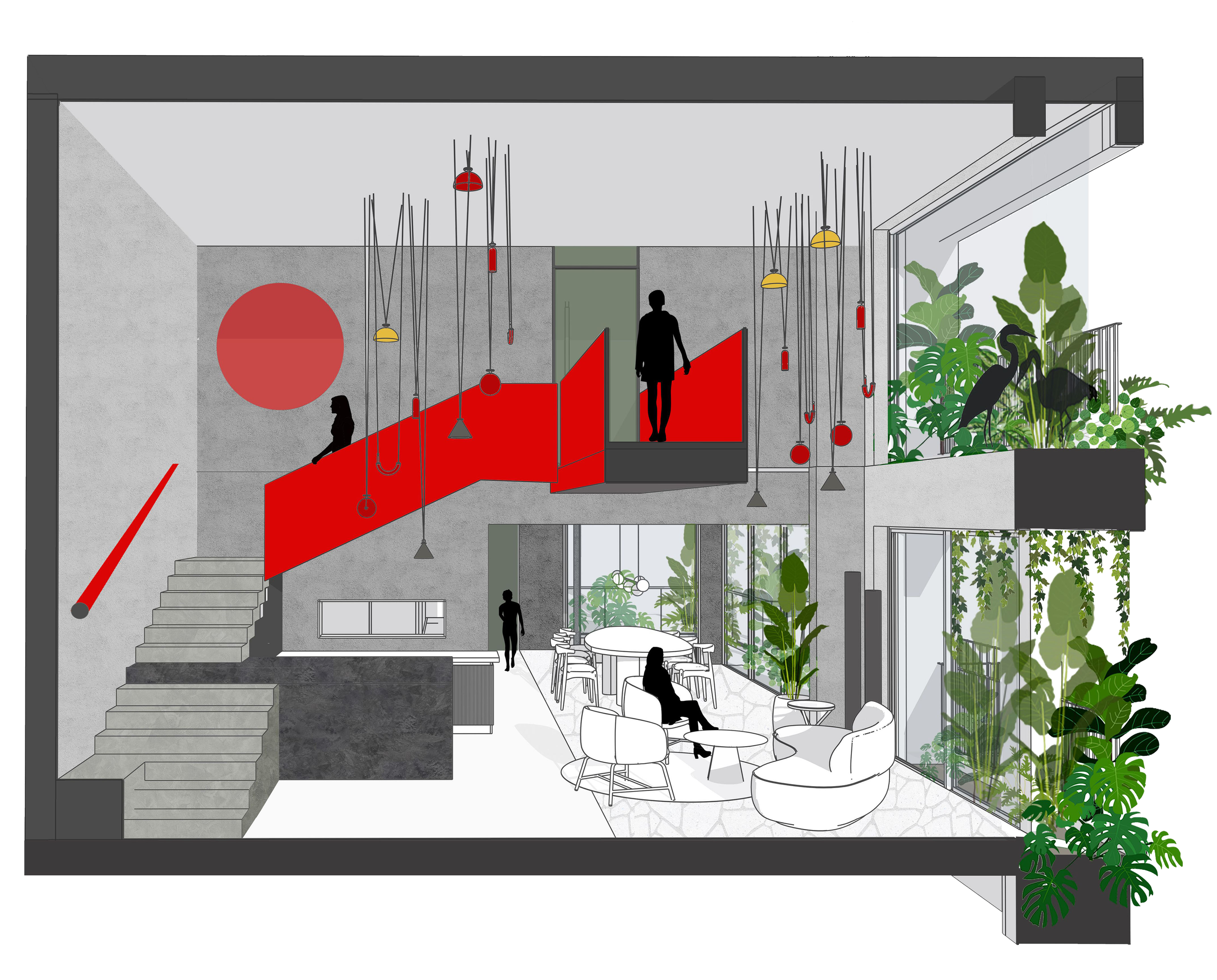 Sectional view of the Gardens in the Sky apartment showing the red staircase and bar counter as a central gathering space