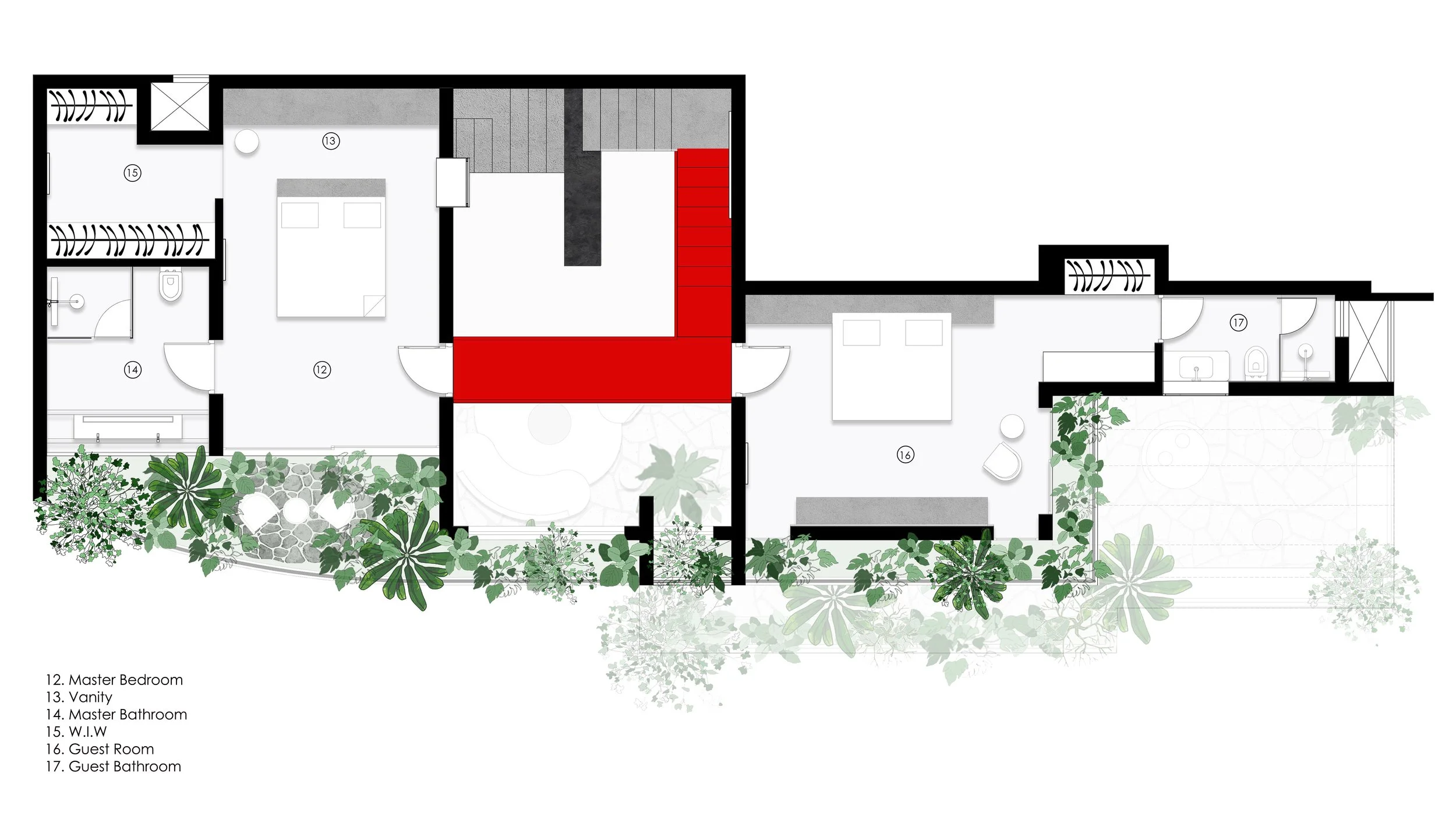 Master bedroom floor plan with landscaped terraces and circulation spaces at Gardens in the Sky, a Calicut residence designed by Workers of Art.