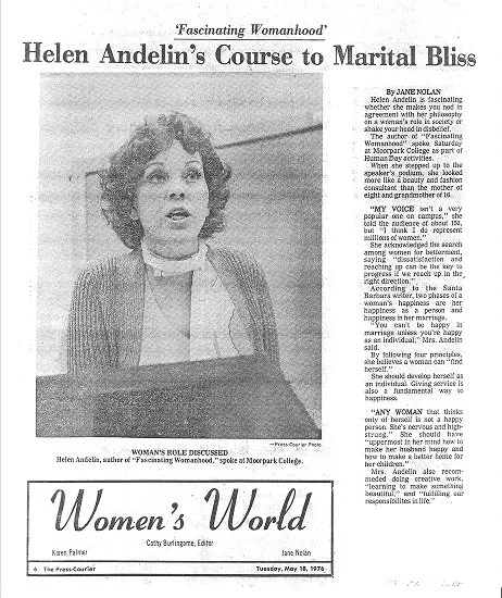 Black and white newspaper article titled 'Helen Andelin's Course to Marital Bliss' with a photo of Helen Andelin. The article discusses her philosophy on womanhood and marriage, mentioning her book 'Fascinating Womanhood' and her course at Moorpark C