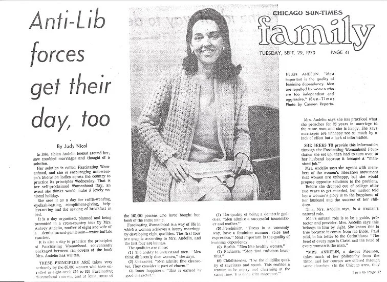 Black and white newspaper clipping from the Chicago Sun-Times, dated Tuesday, September 29, 1970, featuring a photo of a smiling woman and articles about anti-Lib forces and Helen Ancelin.