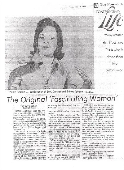 Black and white newspaper clipping featuring a woman named Helen Andelin, who is described as the author of 'The Original Fascinating Woman's Book.' The article discusses her views on women's roles and attractiveness.