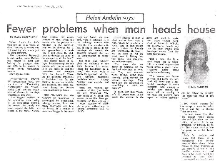 Newspaper clipping titled "Fewer problems when man heads house" with an article about Helen Andelin and her views on women and homemaking, dated June 21, 1971, from The Cincinnati Post.