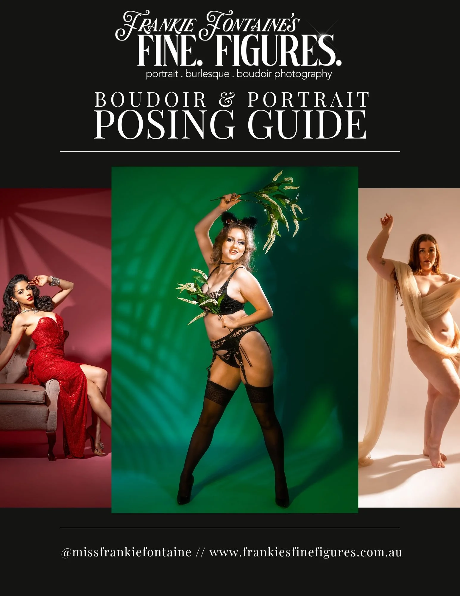 Cover of a boudoir and portrait posing guide by Frankie Fontaine featuring three women in glamorous outfits and poses.