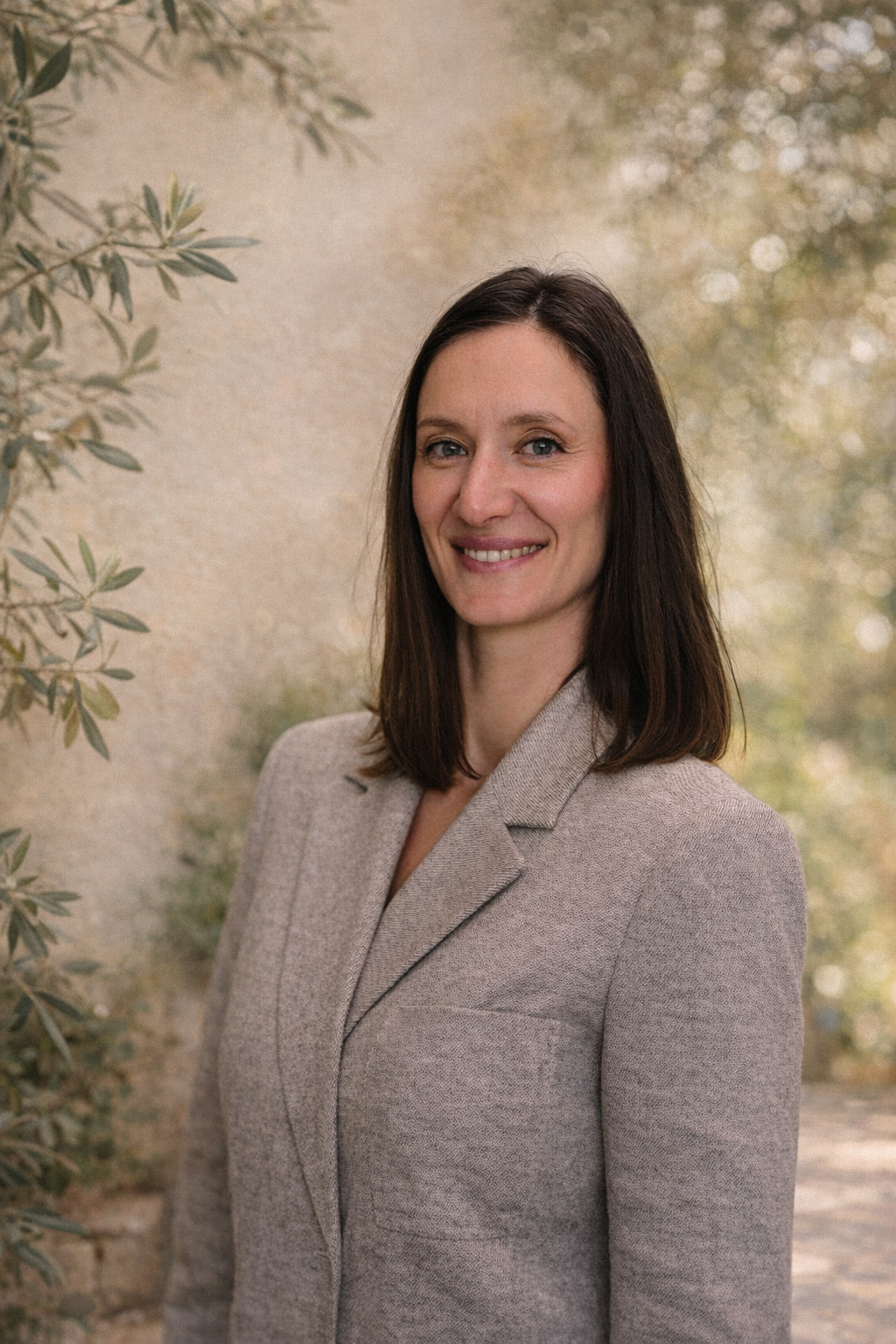 A woman with shoulder-length brown hair and blue eyes smiling outdoors with trees and foliage in the background, wearing a beige blazer.