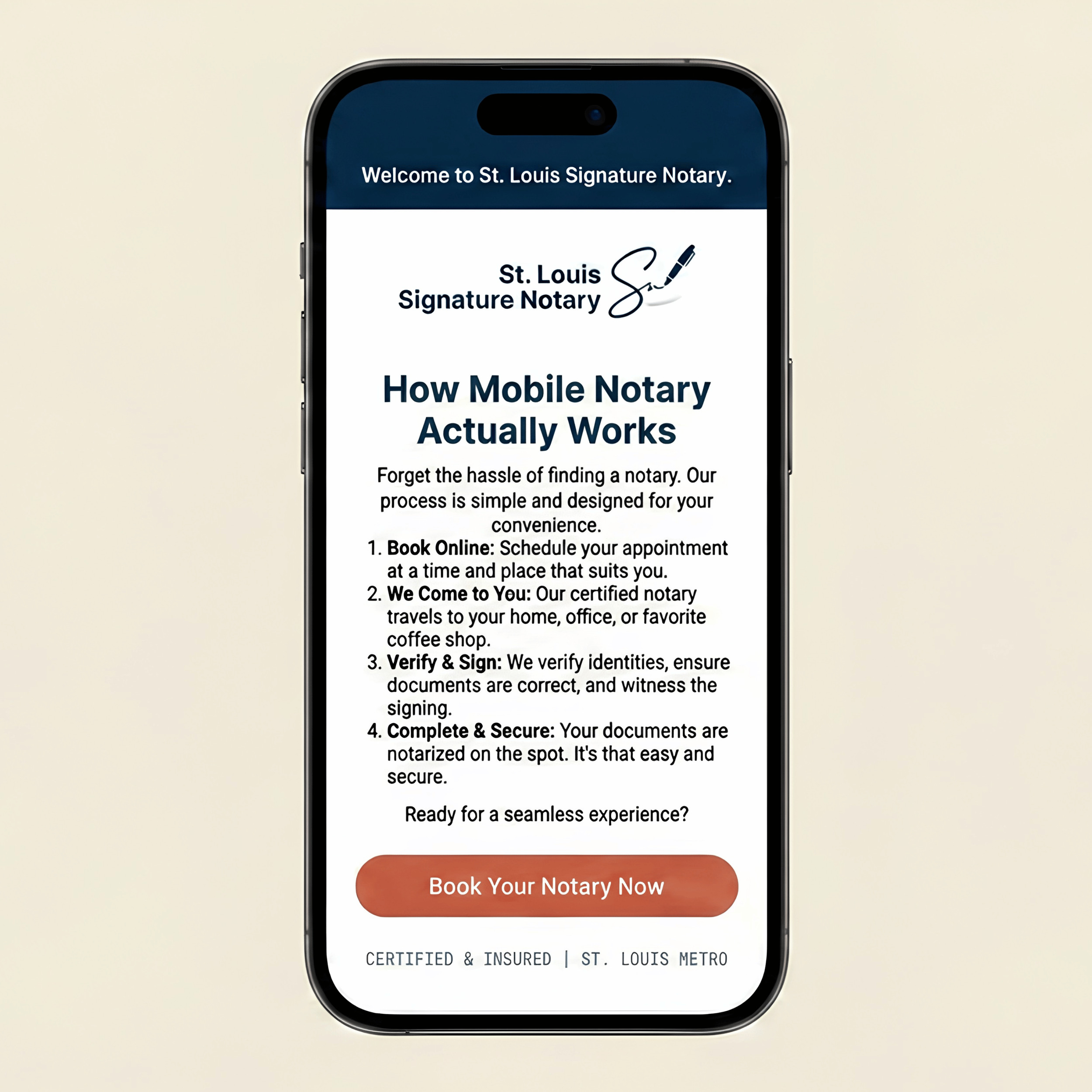 A smartphone screen displaying a webpage for St. Louis Signature Notary, including information about mobile notarization services, with a prominent orange button saying 'Book Your Notary Now'.