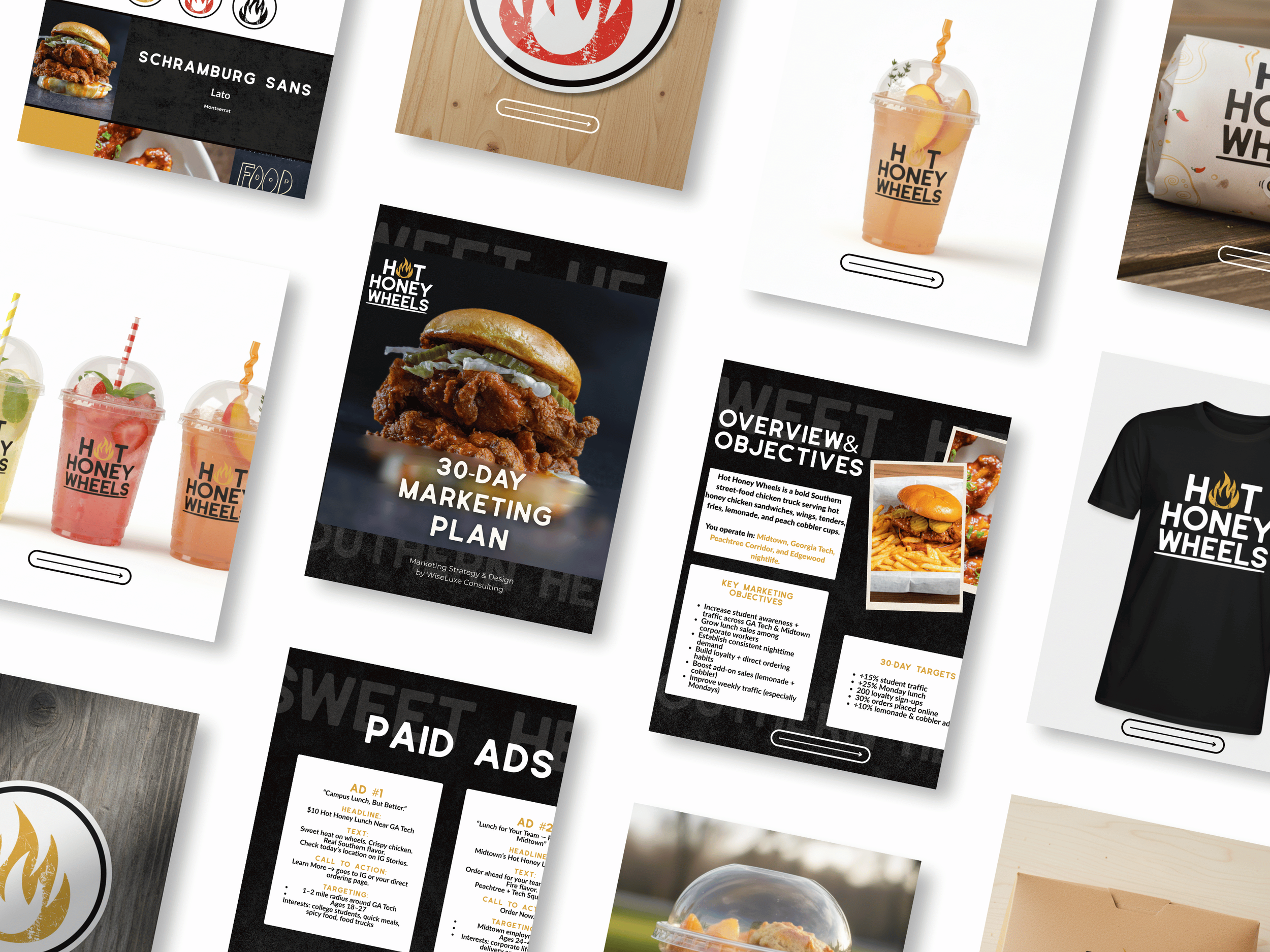 Several marketing and branding materials for Hot Honey Wheels, including a 30-day marketing plan, paid ads, and promotional images of chicken sandwiches, drinks, and a T-shirt featuring the Hot Honey Wheels logo.