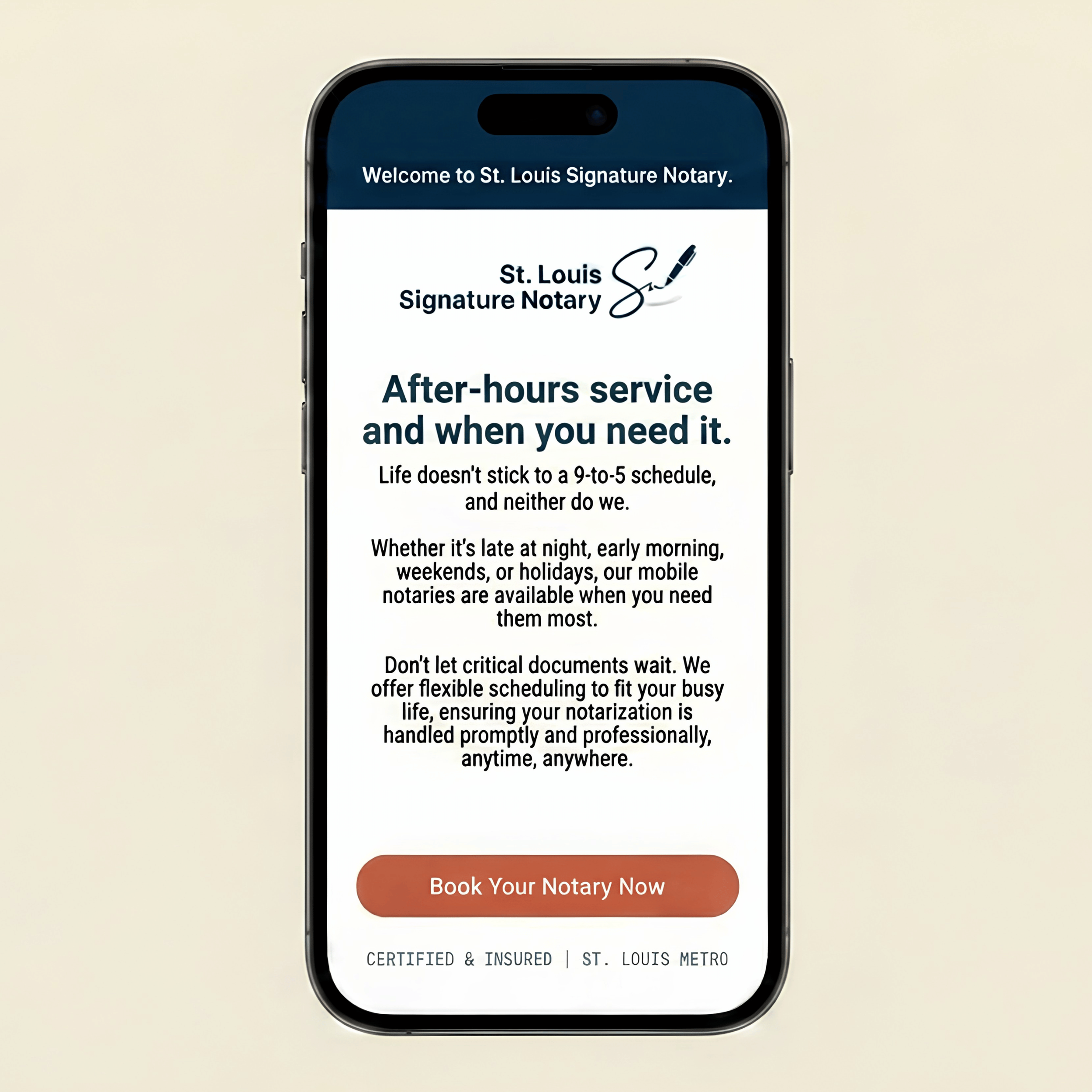Smartphone screen displaying a webpage for St. Louis Signature Notary. The page includes a logo with a pen forming a signature, a headline about after-hours service, and a prominent orange button labeled 'Book Your Notary Now' at the bottom.