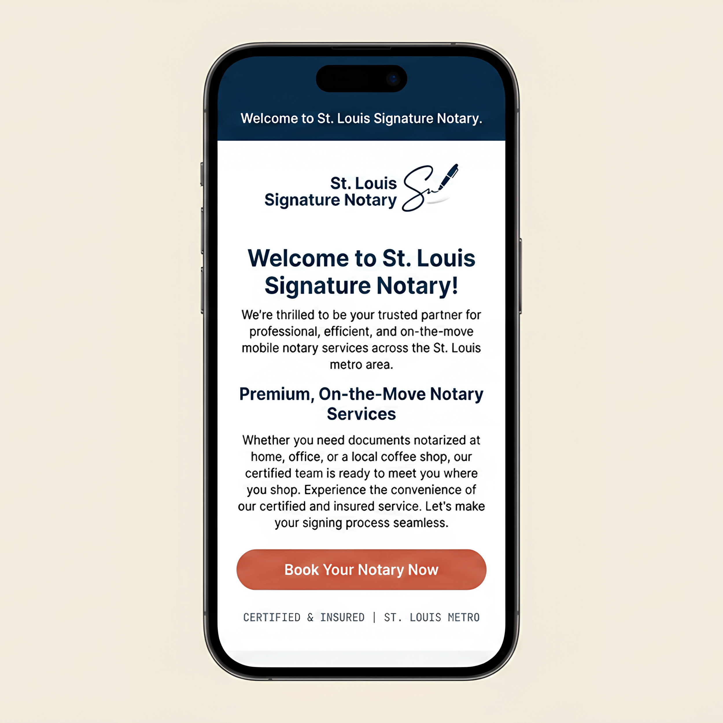 Mobile phone screen displaying an online notarization service for St. Louis Signature Notary with a welcome message, logo of a pen signing a signature, and a red button that says 'Book Your Notary Now'.