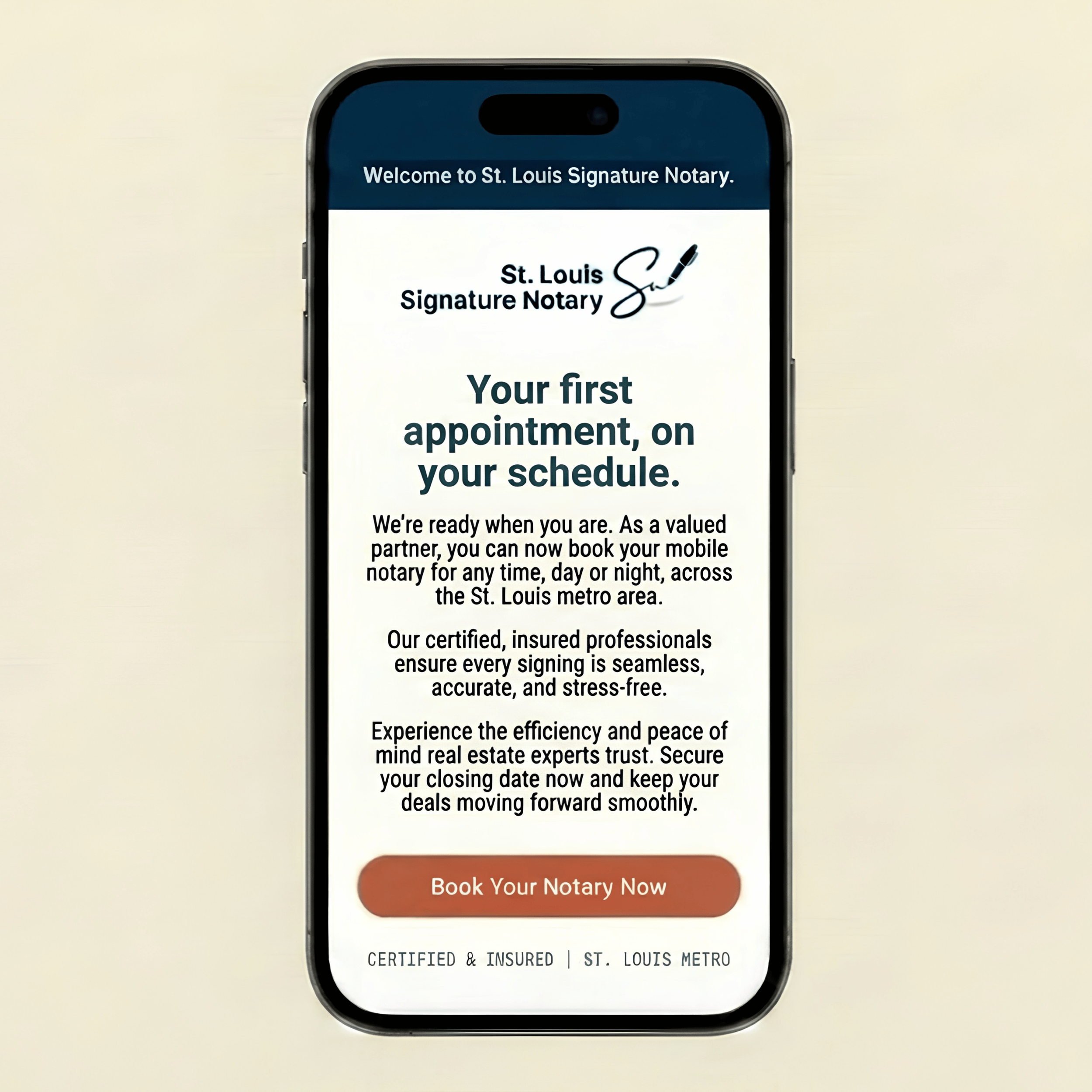 Smartphone screen displaying a welcome message for St. Louis Signature Notary with a logo, a paragraph about booking appointments, and a red button labeled 'Book Your Notary Now'.