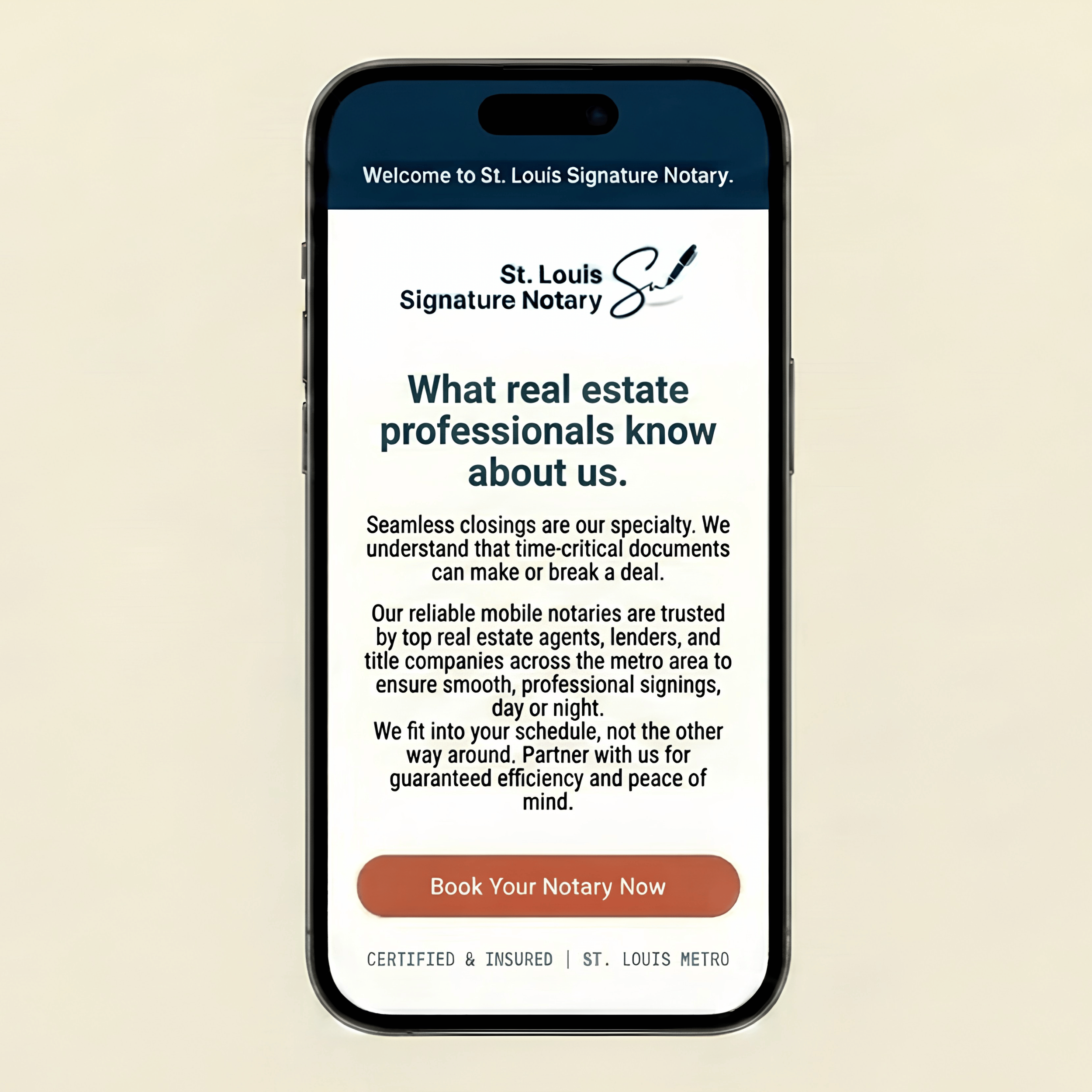 A smartphone screen displaying a webpage for St. Louis Signature Notary with a logo, title, and a call-to-action button labeled 'Book Your Notary Now'.