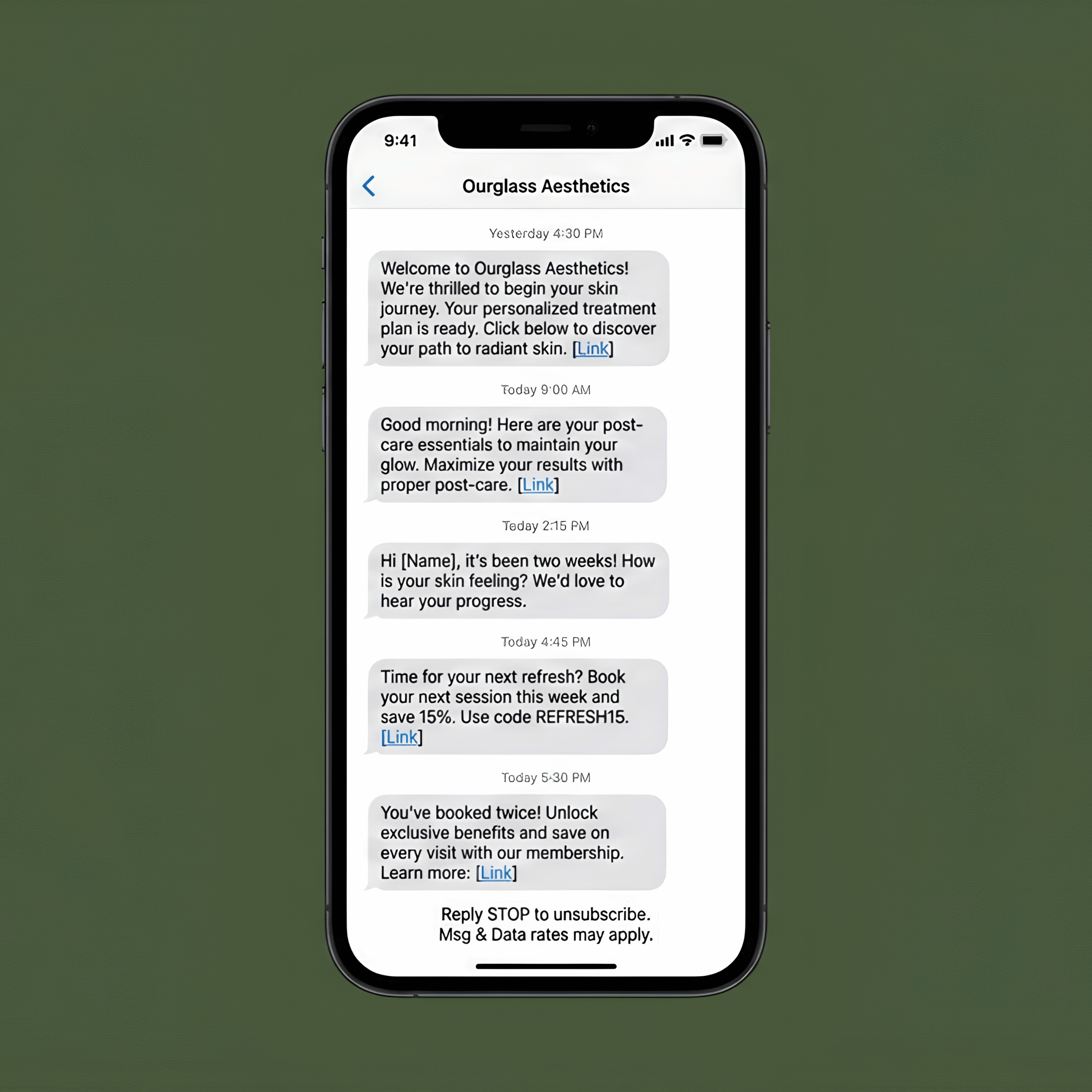 Ourglass Aesthetics SMS Marketing Welcome Sequence