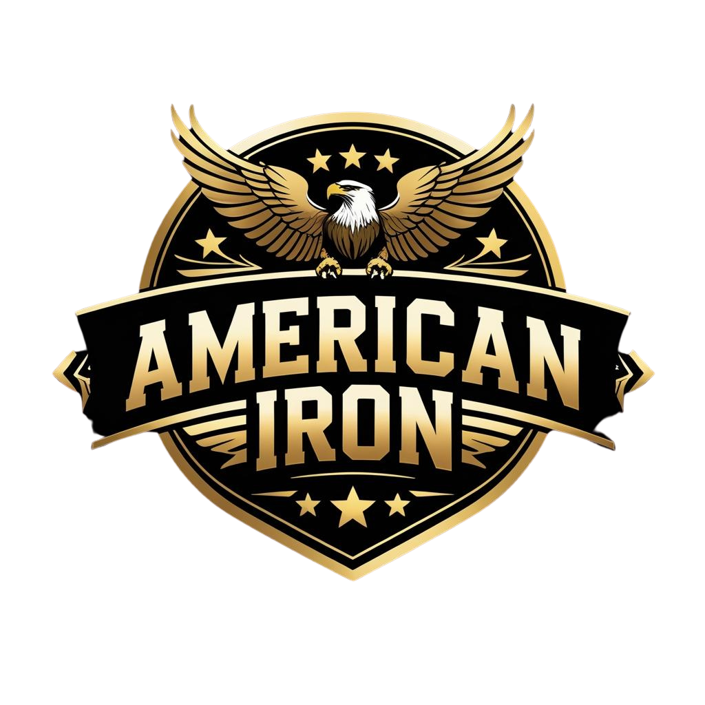 Logo with a bald eagle with outstretched wings above the text 'American Iron' in bold, gold and black font, surrounded by stars and a shield shape.