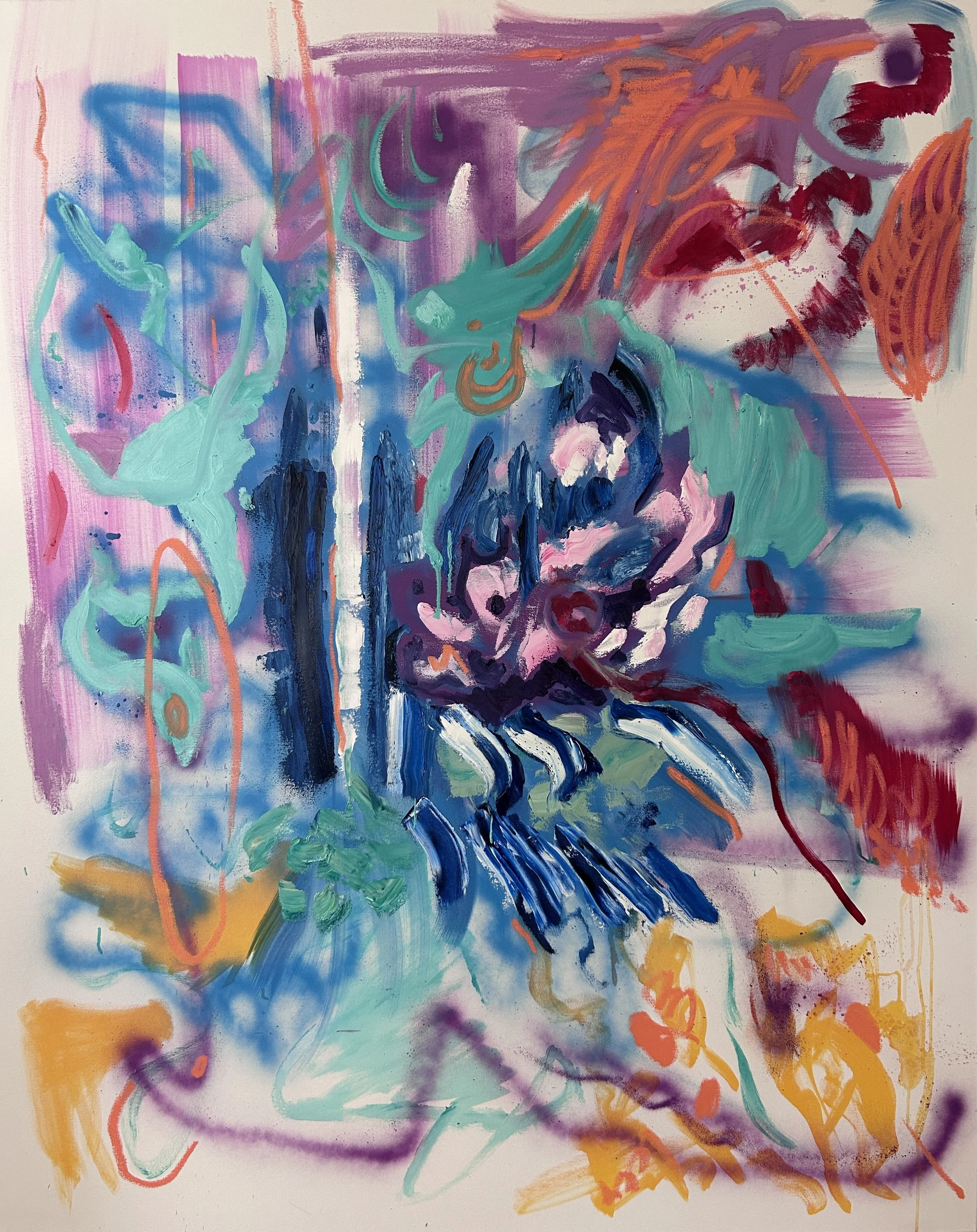 sorry i was somewhere else (2026). oil and acrylic spray paint on canvas. 60 x 48 in