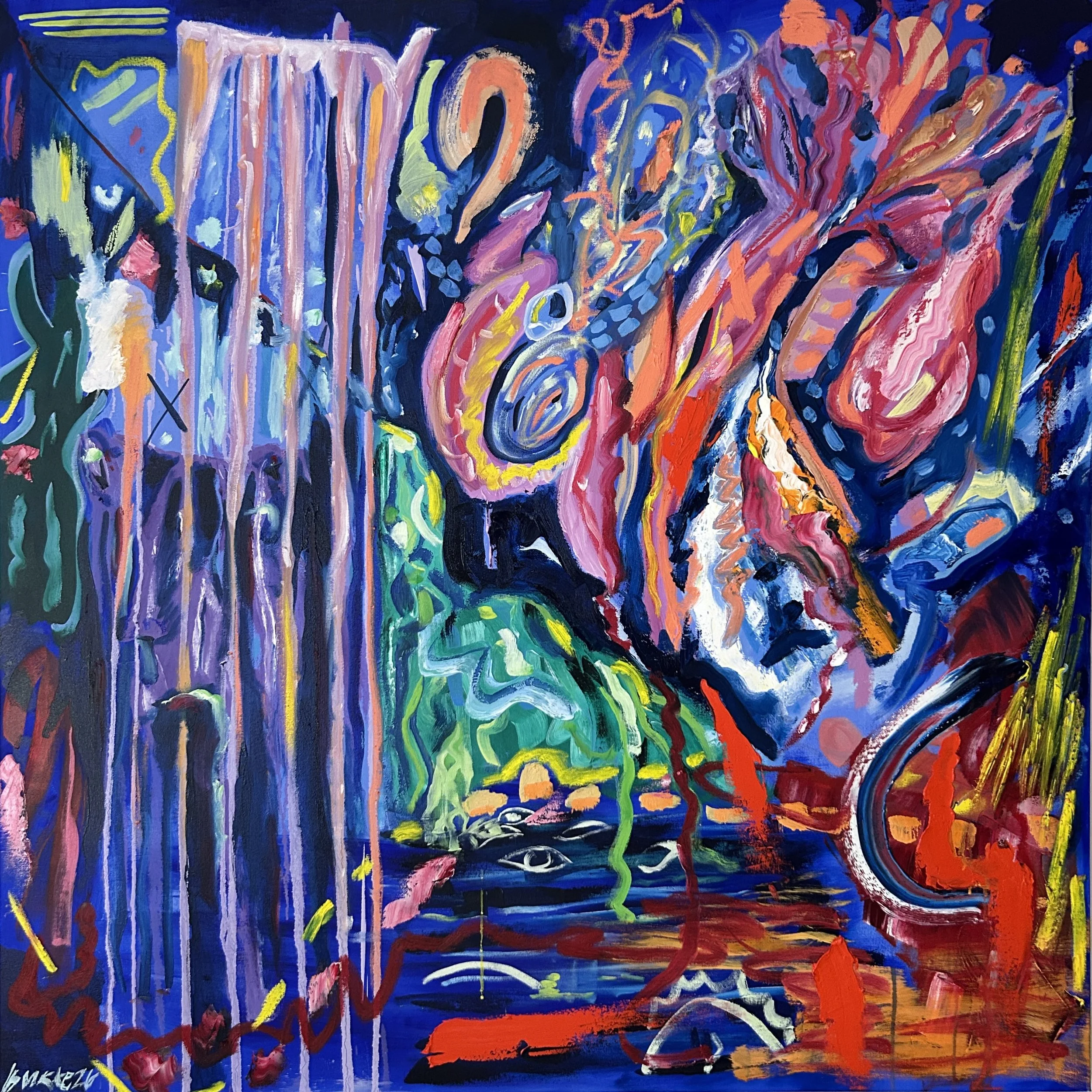 defense mechanism (2026). oil and acrylic on canvas. 48 x 48 in