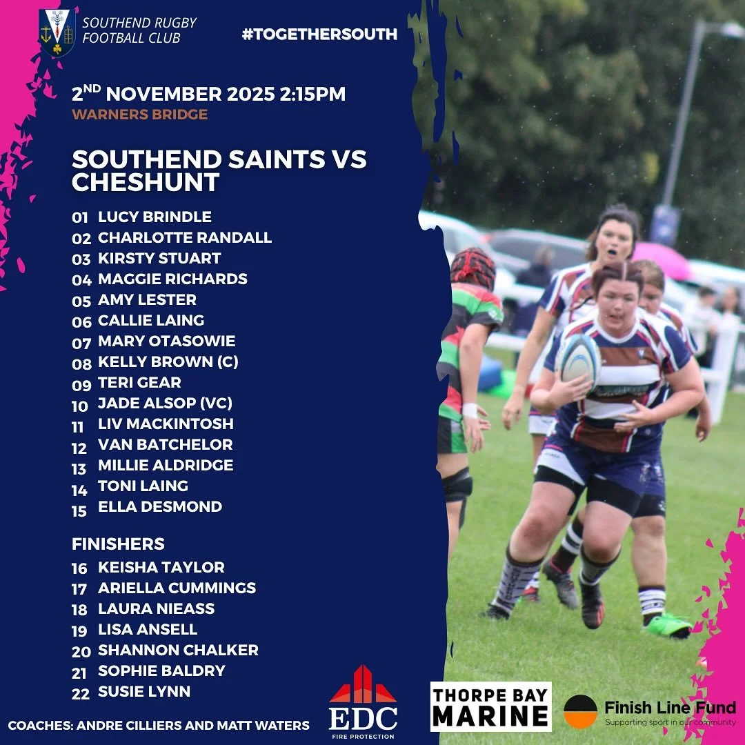Your Saints team to face @cheshuntladiesrugby on Sunday

Let&rsquo;s pack the Bridge and show your support for the saints 💪💪