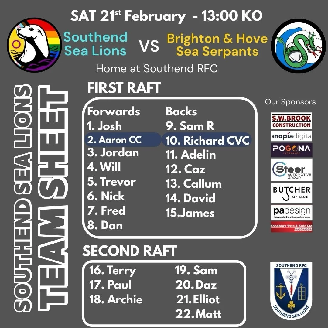 It&rsquo;s a true battle of the seas Saturday 21st Feb as the mighty Southend Sea Lions take on the fierce Brighton Hover Sea Serpents! Kick-off is at 1 pm.  Head down to Southend Rugby Club get loud, and cheer us on as we make a splash and fight for