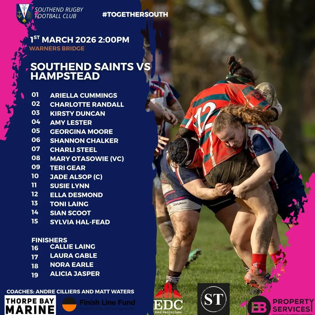 TEAMS UP

Your saints team to face @hampsteadrugbywomenplus at home! 

Let&rsquo;s pack the bridge and show the support to our saints

#togethersouth🟤⚪️