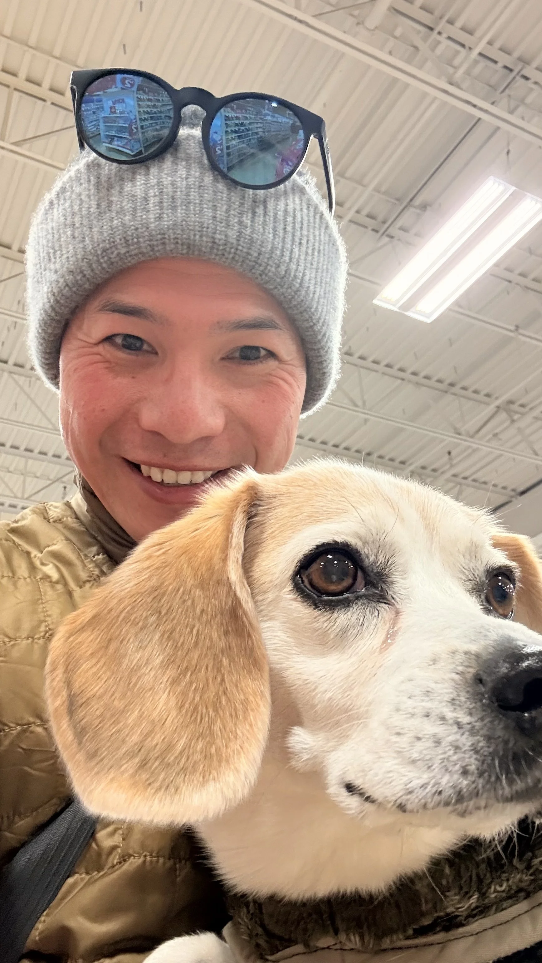 A smiling man with sunglasses on a beanie holding a beagle puppy in a store.