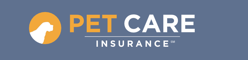 Logo of Pet Care Insurance with a white dog silhouette inside an orange circle, and the words 'Pet Care Insurance' in orange and white letters on a blue background.