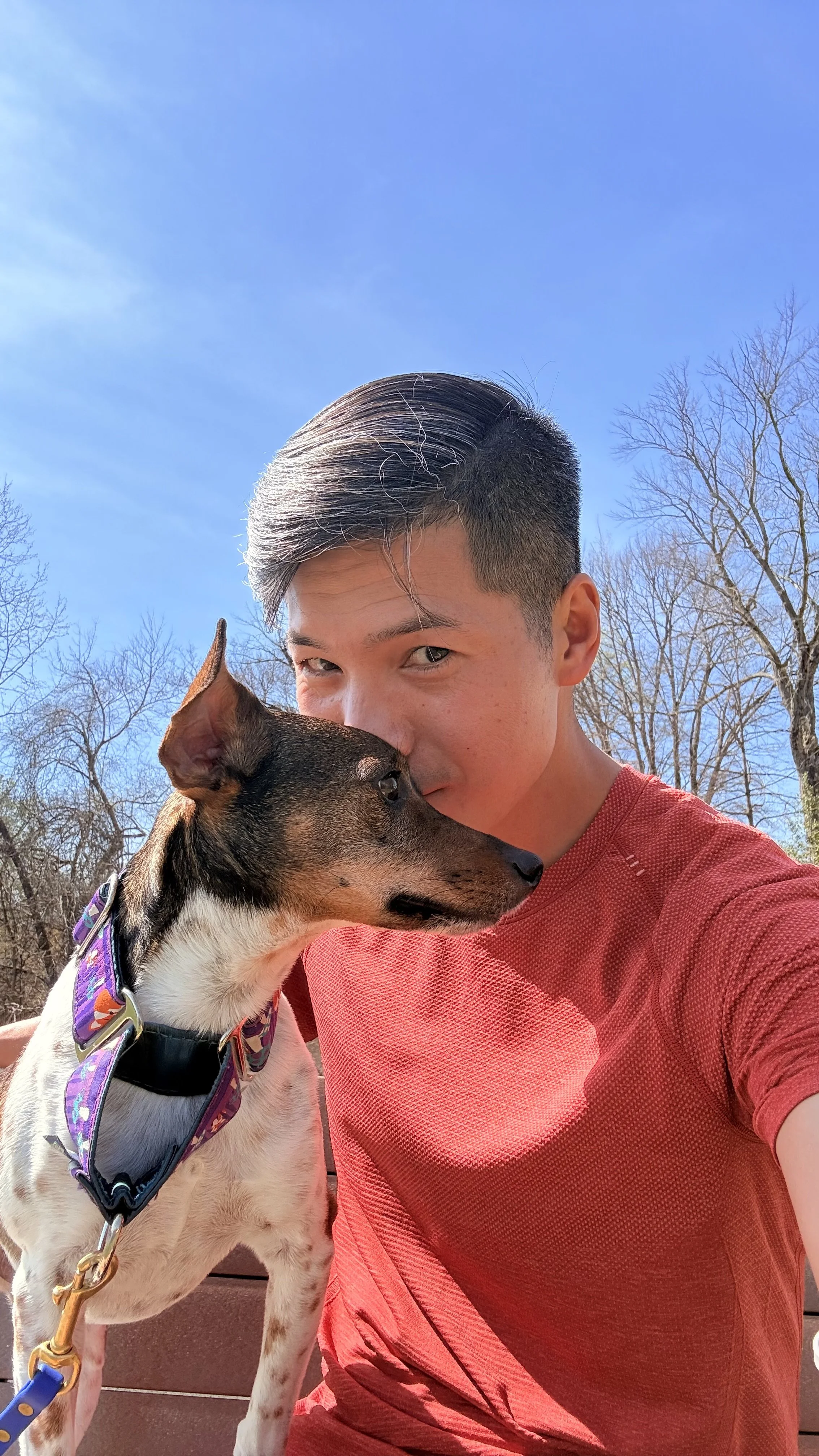 A young man in a red shirt taking a selfie with a dog outdoors on a sunny day, with leafless trees and a bright blue sky in the background.