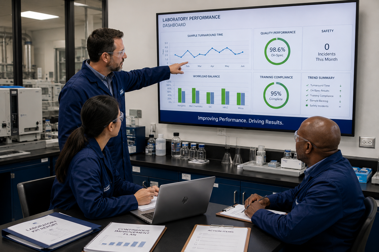 Three scientists in lab coats and safety goggles in a laboratory, discussing laboratory performance data on a large screen with charts and graphs.