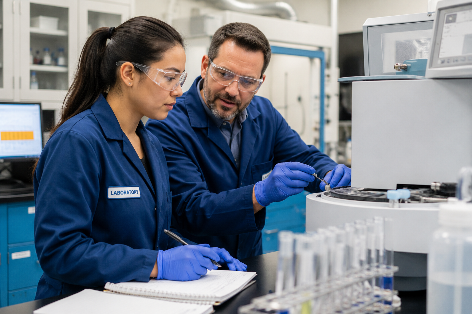 Two scientists, a woman and a man, working together in a laboratory. They are both wearing blue lab coats, safety glasses, and gloves, and are focused on a scientific experiment involving a small sample in a container.