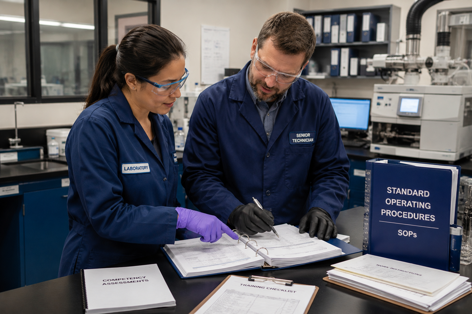 Two lab technicians, one male and one female, reviewing documents in a laboratory while wearing protective gear. The woman has a name tag that says 'LABORATORY,' and the man has a name tag that says 'SENIOR TECHNICIAN.' Various lab equipment and folders are on the desk, including a binder labeled 'STANDARD OPERATING PROCEDURES.'