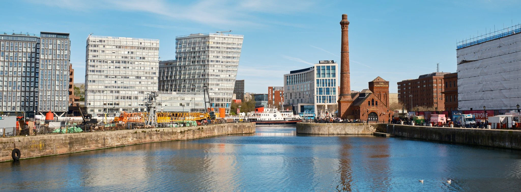 Canning Dock Liverpool looking back at the Pump House and the City Centre