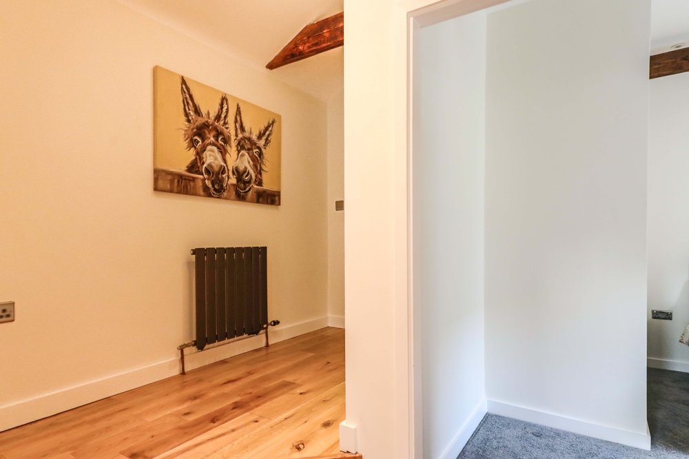 Room with a painting of two donkeys on the wall, hardwood floor, and a black radiator below the artwork.