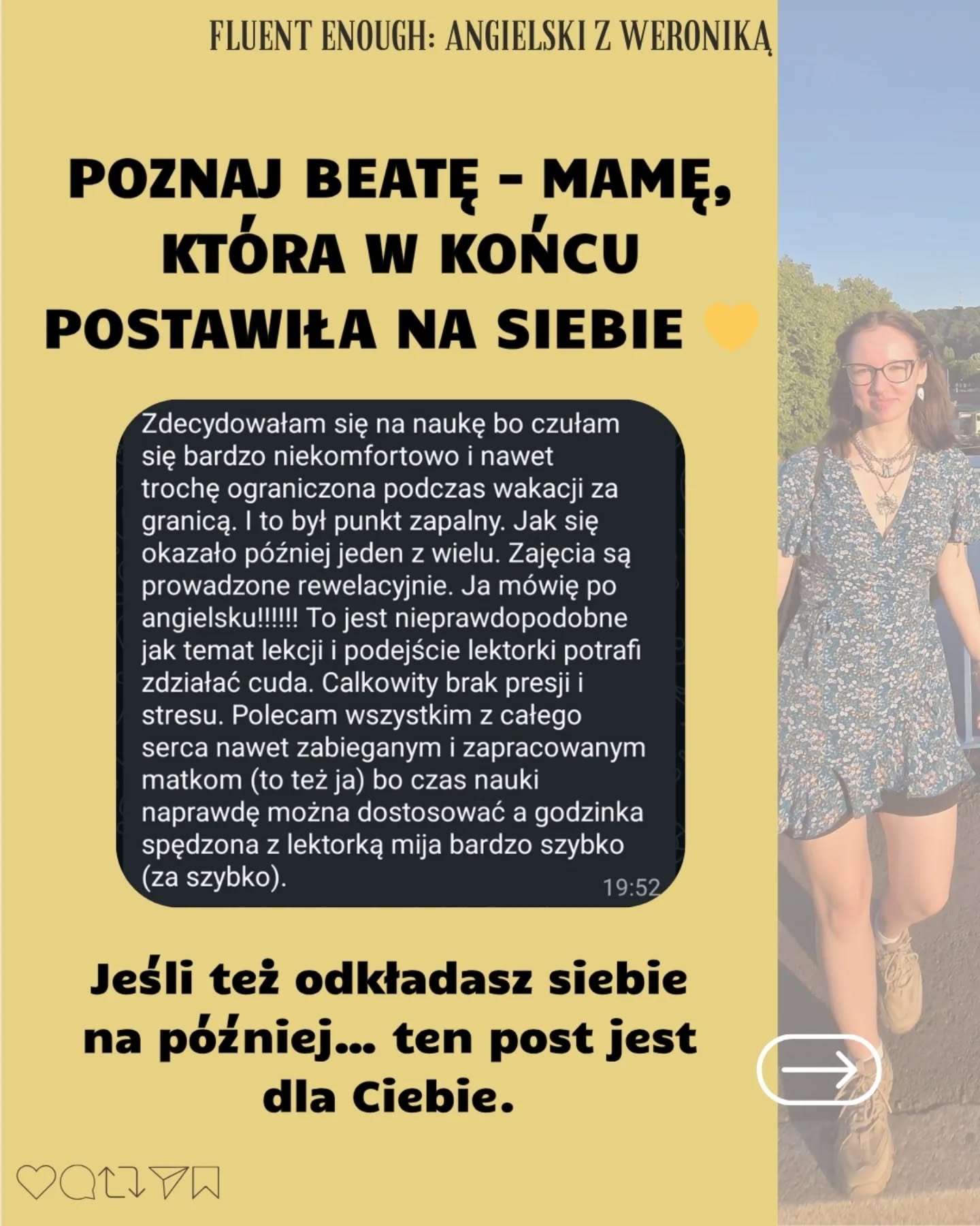 Poznaj Beatę &ndash; mamę, kt&oacute;ra przez lata odkładała siebie na p&oacute;źniej.
Rodzina, dom, obowiązki... a ona w tym wszystkim coraz mniej obecna.

Do momentu, aż postanowiła: &bdquo;Teraz czas na mnie.&rdquo; 💛
Zrobiła pierwszy krok i zapi