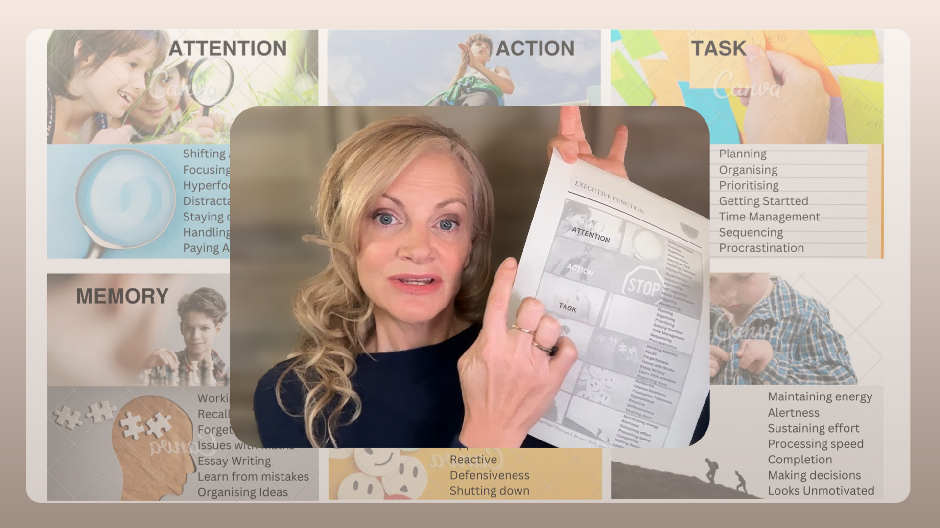 A middle-aged woman with blonde hair holding a paper labeled 'Executive Function' and pointing upward, with a blurred background of a presentation slide about cognitive skills and strategies.