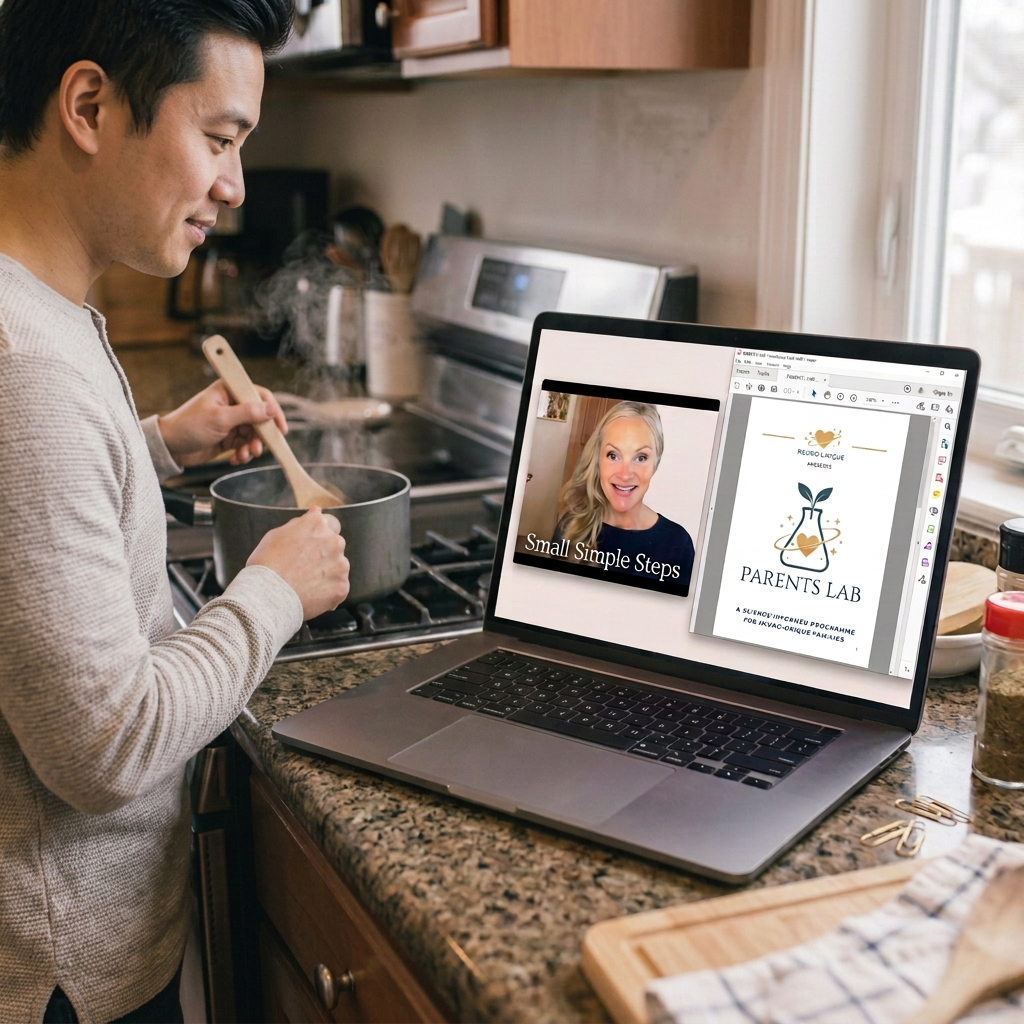Parent participating in a virtual meeting on a laptop, with Parents Lab presentation slides including “Small Simple Steps”, representing practical online learning and support for parents of neurodivergent children.