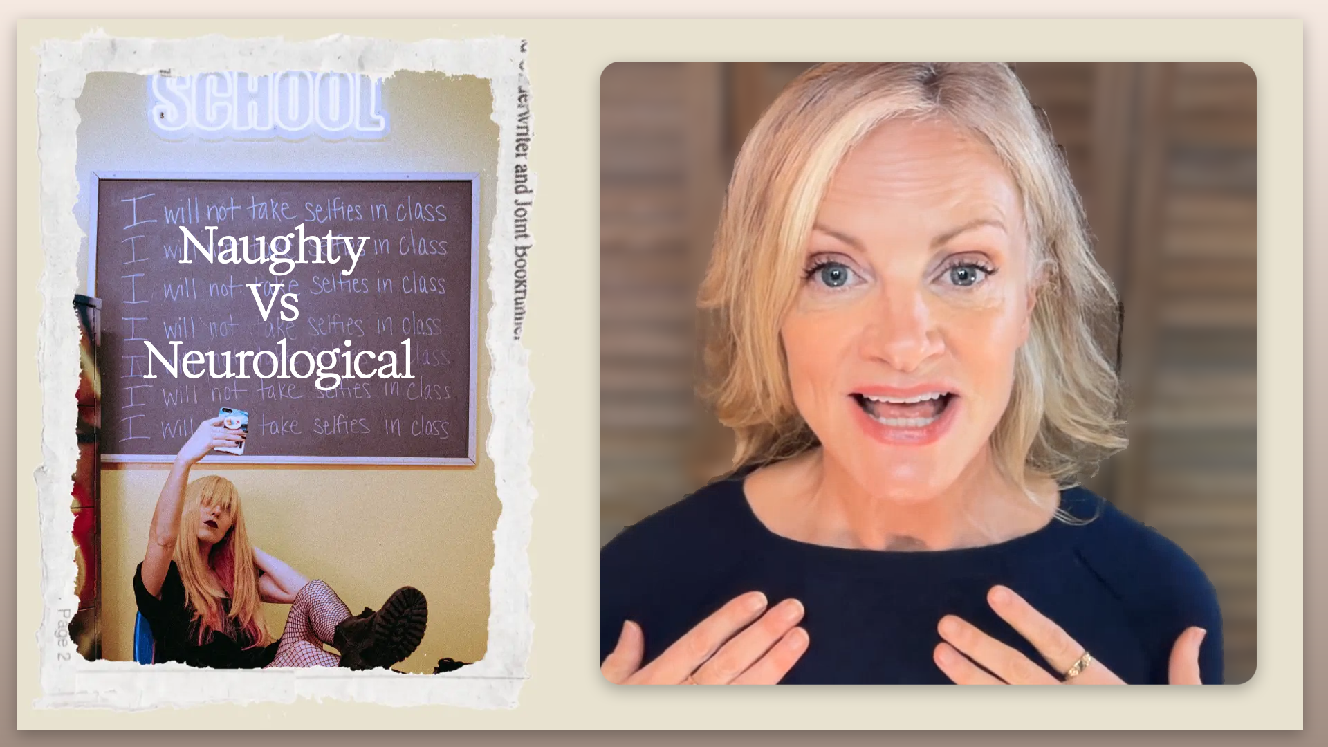 Side-by-side comparison of a protest sign that states 'I will not take selfies in class' repeatedly, and a woman speaking with her hands, possibly in an educational or debate setting.