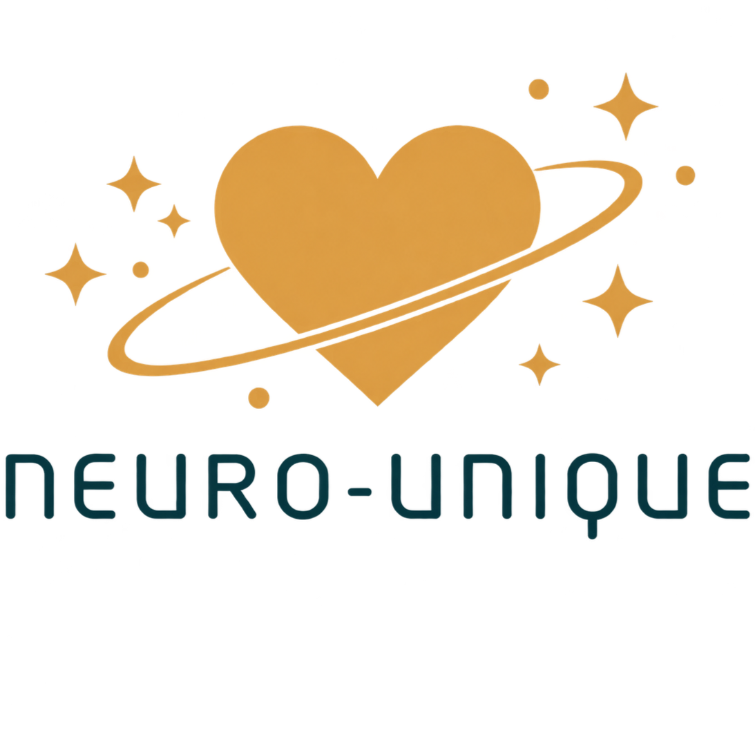 Neuro-Unique logo featuring a golden heart surrounded by stars.. The words "neuro-unique" are written below in dark blue.