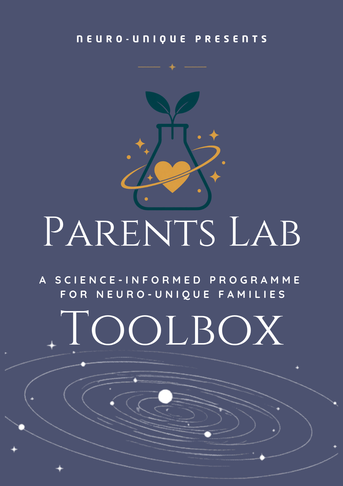 Cover of a program or booklet titled 'Parents Lab Toolbox' with a science theme, featuring a dark blue background, a conical flask with a heart inside, sprouting leaves, and surrounded by stars, planets, and a swirling galaxy.