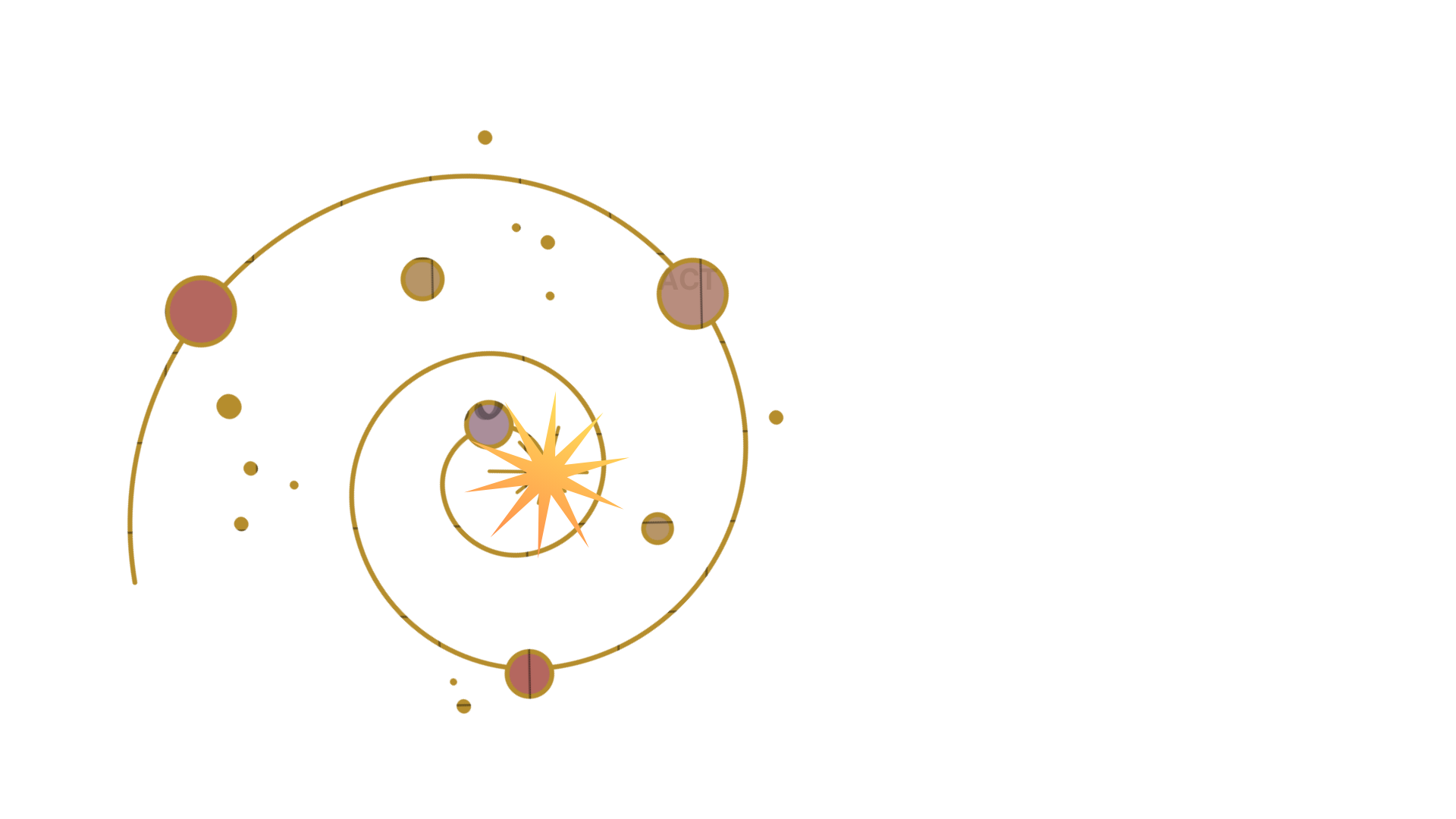 Illustration of an atom with electrons orbiting a nucleus, depicting atomic structure with a burst of energy at the center.