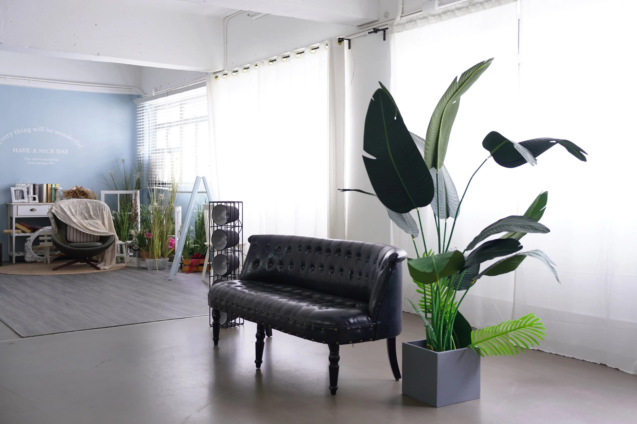 Interior of a modern, minimalist living room with a large potted plant, a vintage black leather loveseat, and a workspace area in the background with a chair, books, and decorative items.
