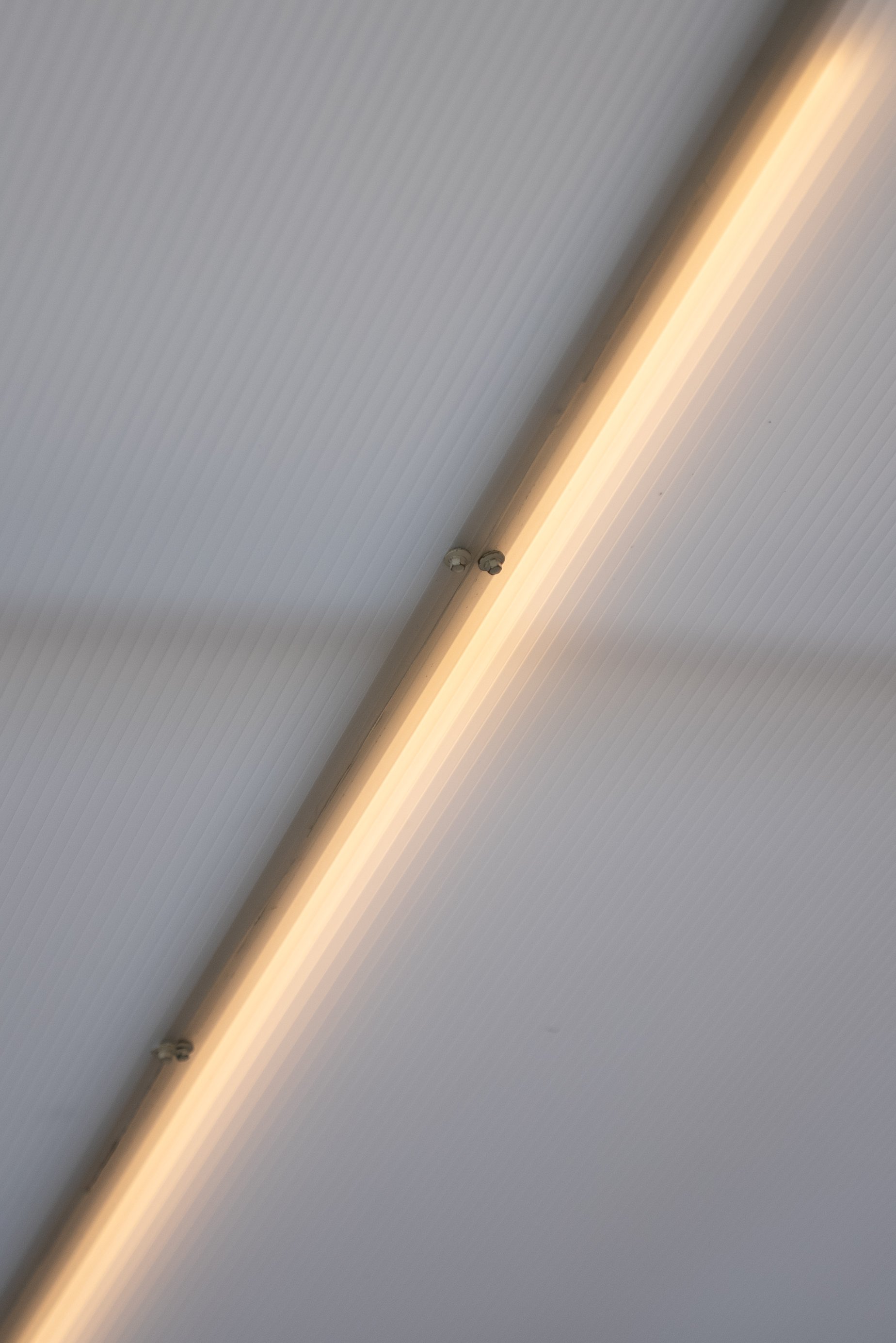 Close-up of a ceiling with a linear light fixture and visible ceiling panels.
