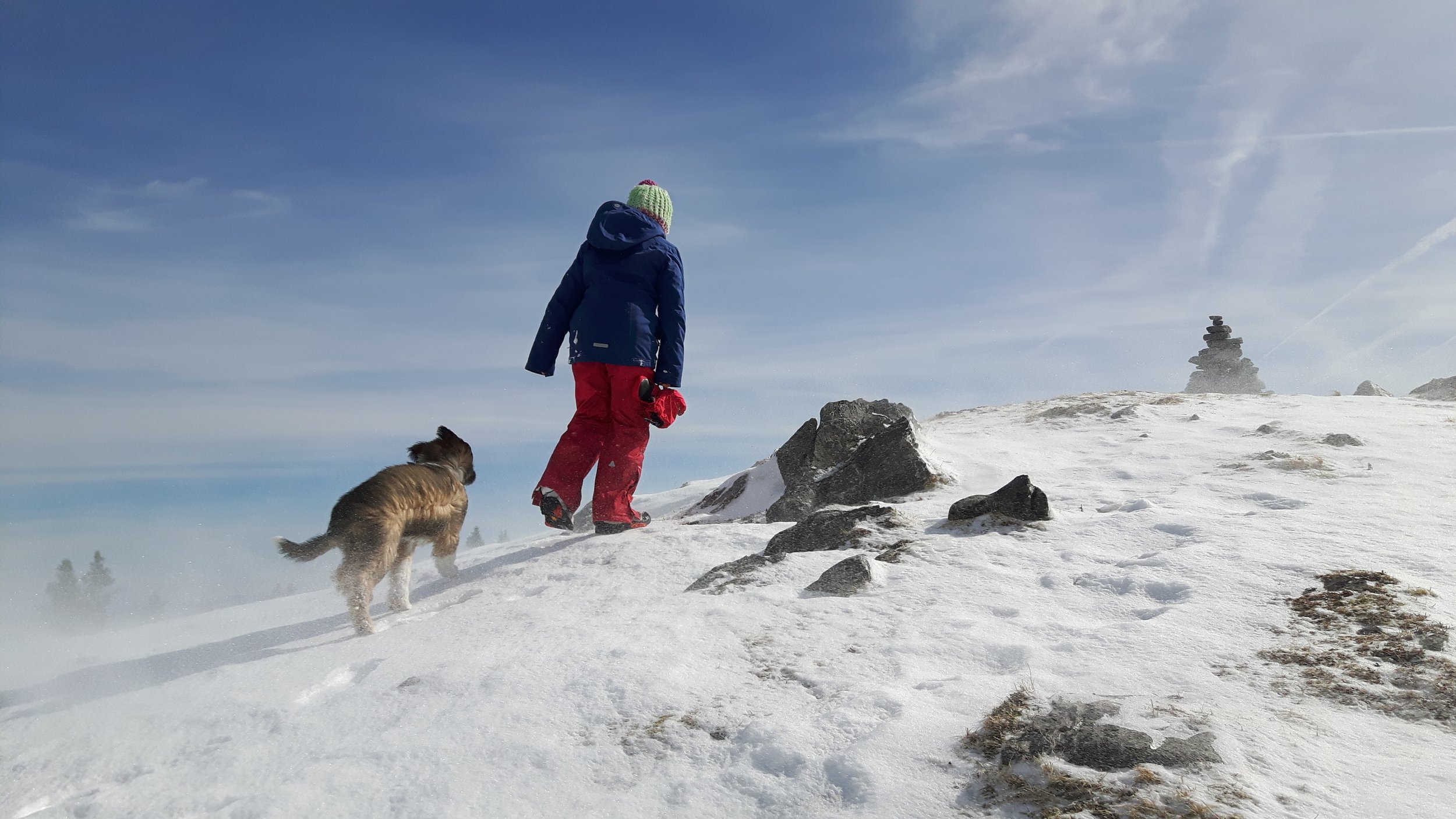 A person dressed in winter clothing with a child and a dog walking on snow-covered terrain under a clear sky with some clouds.