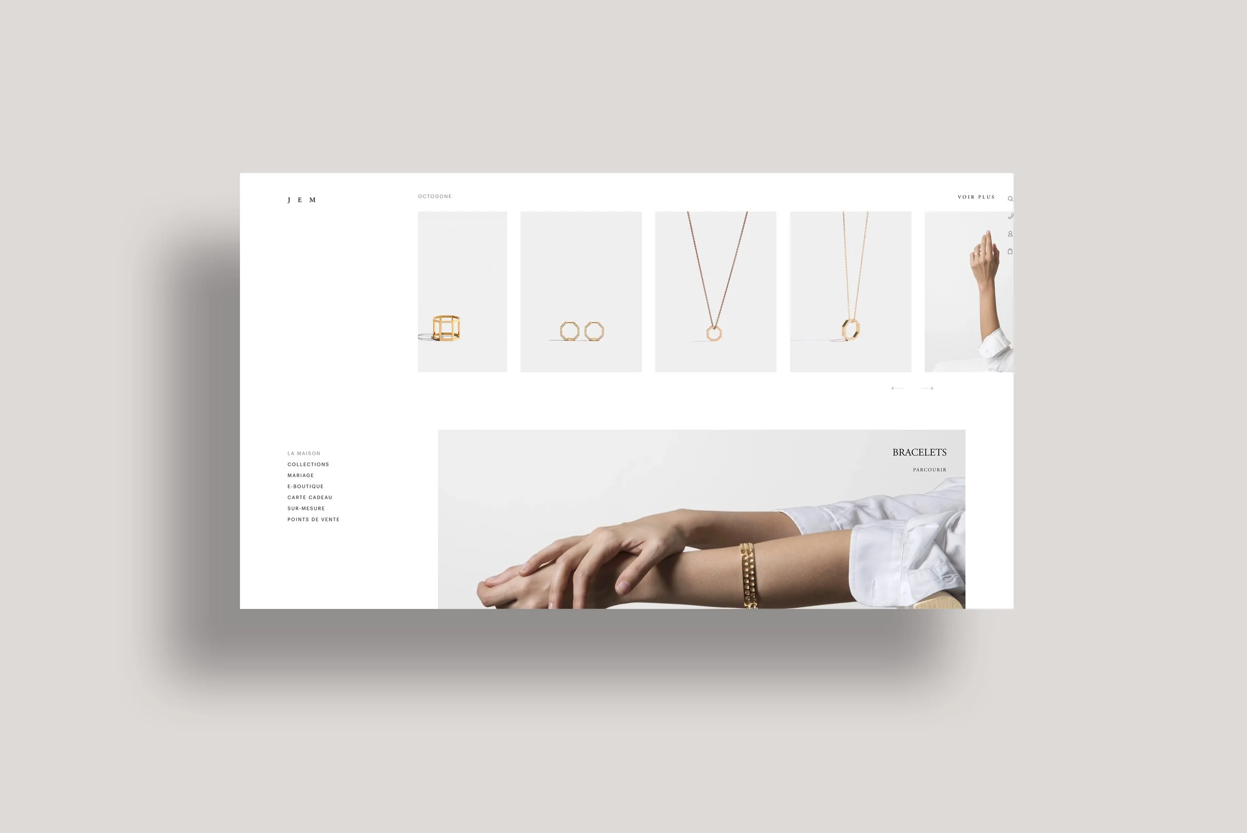 Page web présentant des bijoux en or, notamment des colliers, bagues et bracelets, avec une section mettant en valeur un bracelet porté au poignet d'une personne