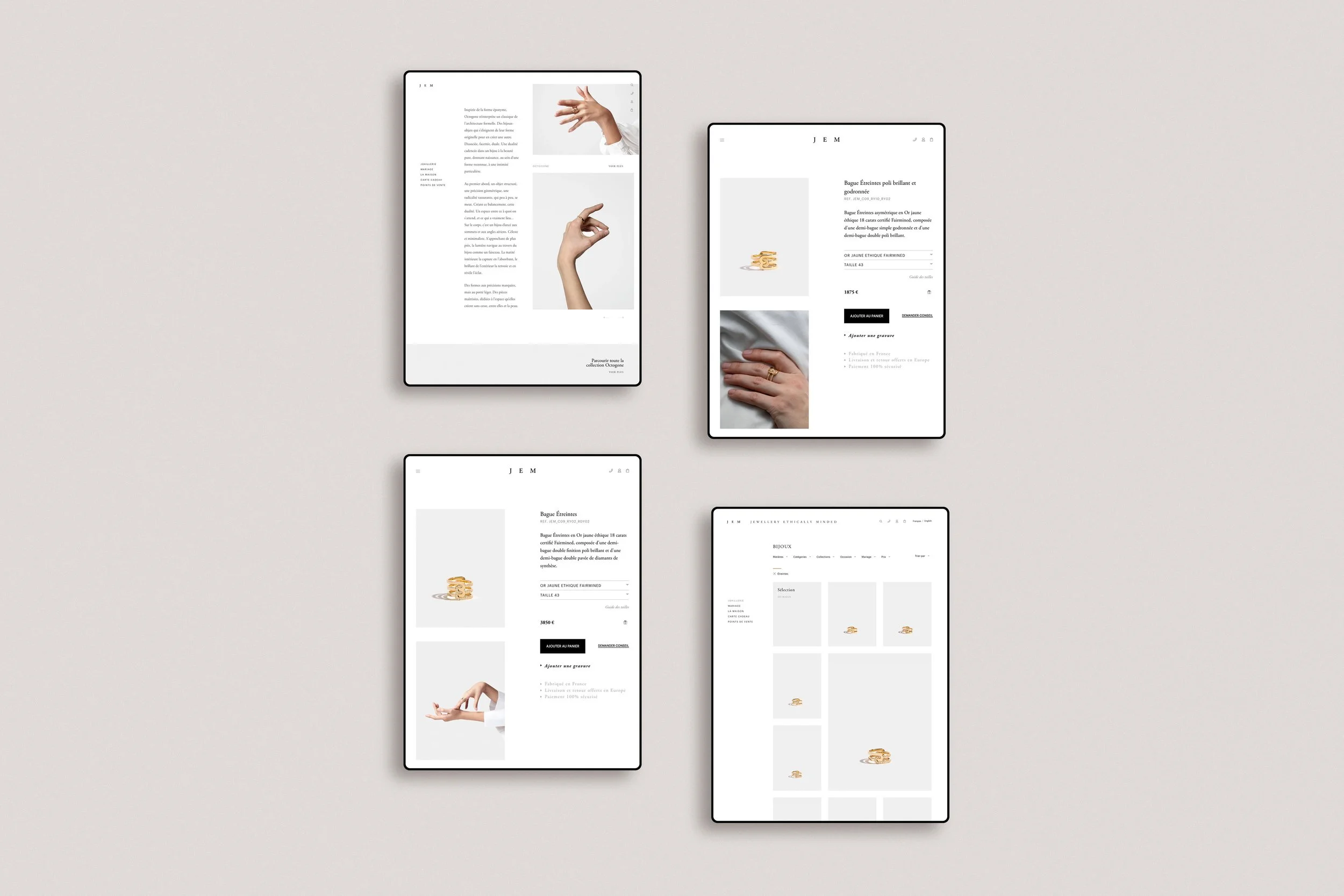 Différents écrans de tablette montrant des pages de vente en ligne de bijoux, notamment des bagues en or avec des descriptions et des images de bijoux et de mains portant des bagues.