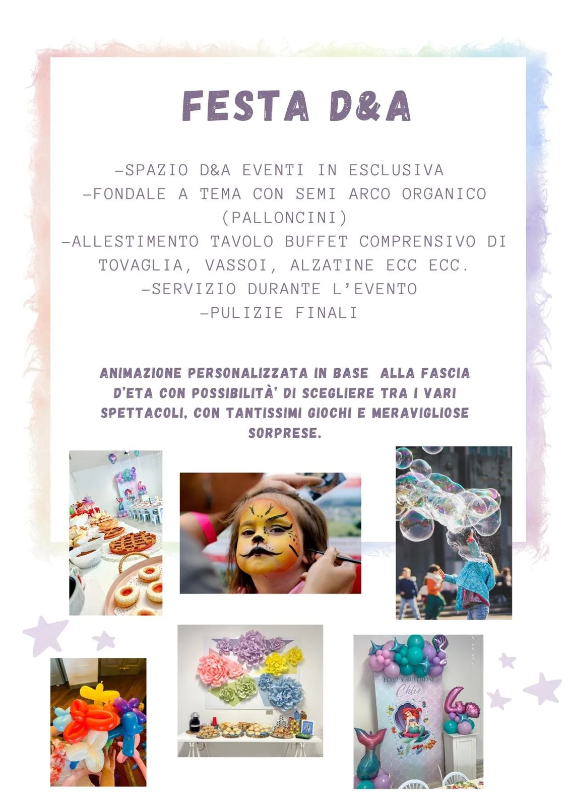 Locandina di una festa a tema con dettagli su eventi, buffet, pulizie, animazione e decorazioni, con immagini di buffet, face painting, palloncini e decorazioni floreali.